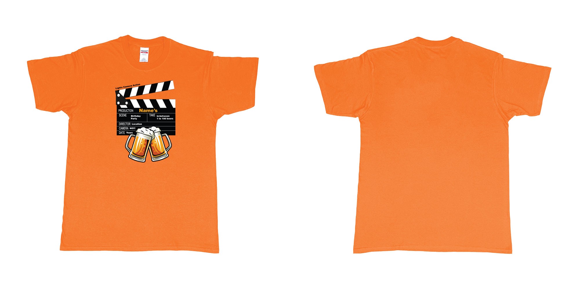 Custom tshirt design birthday beers movie clapperboard in fabric color orange choice your own text made in Bali by The Pirate Way