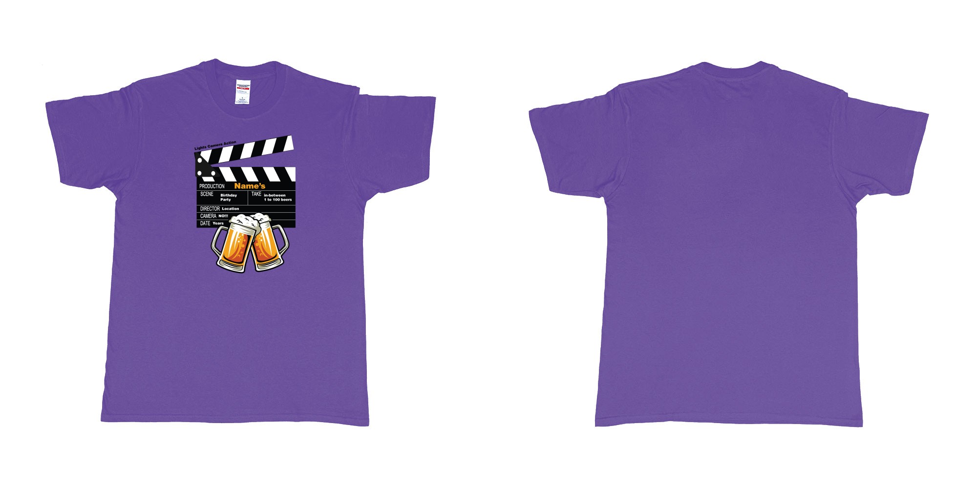 Custom tshirt design birthday beers movie clapperboard in fabric color purple choice your own text made in Bali by The Pirate Way
