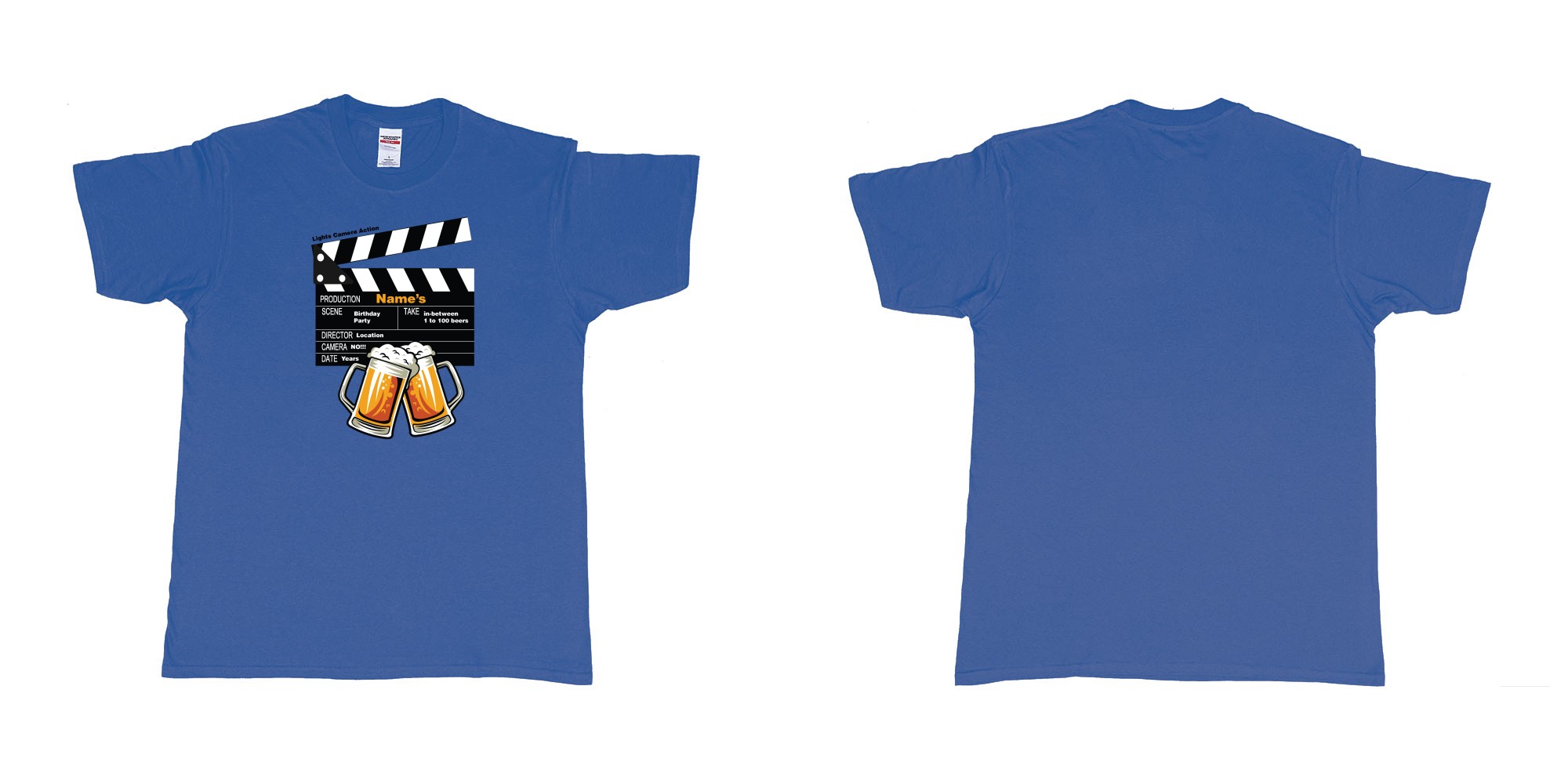 Custom tshirt design birthday beers movie clapperboard in fabric color royal-blue choice your own text made in Bali by The Pirate Way