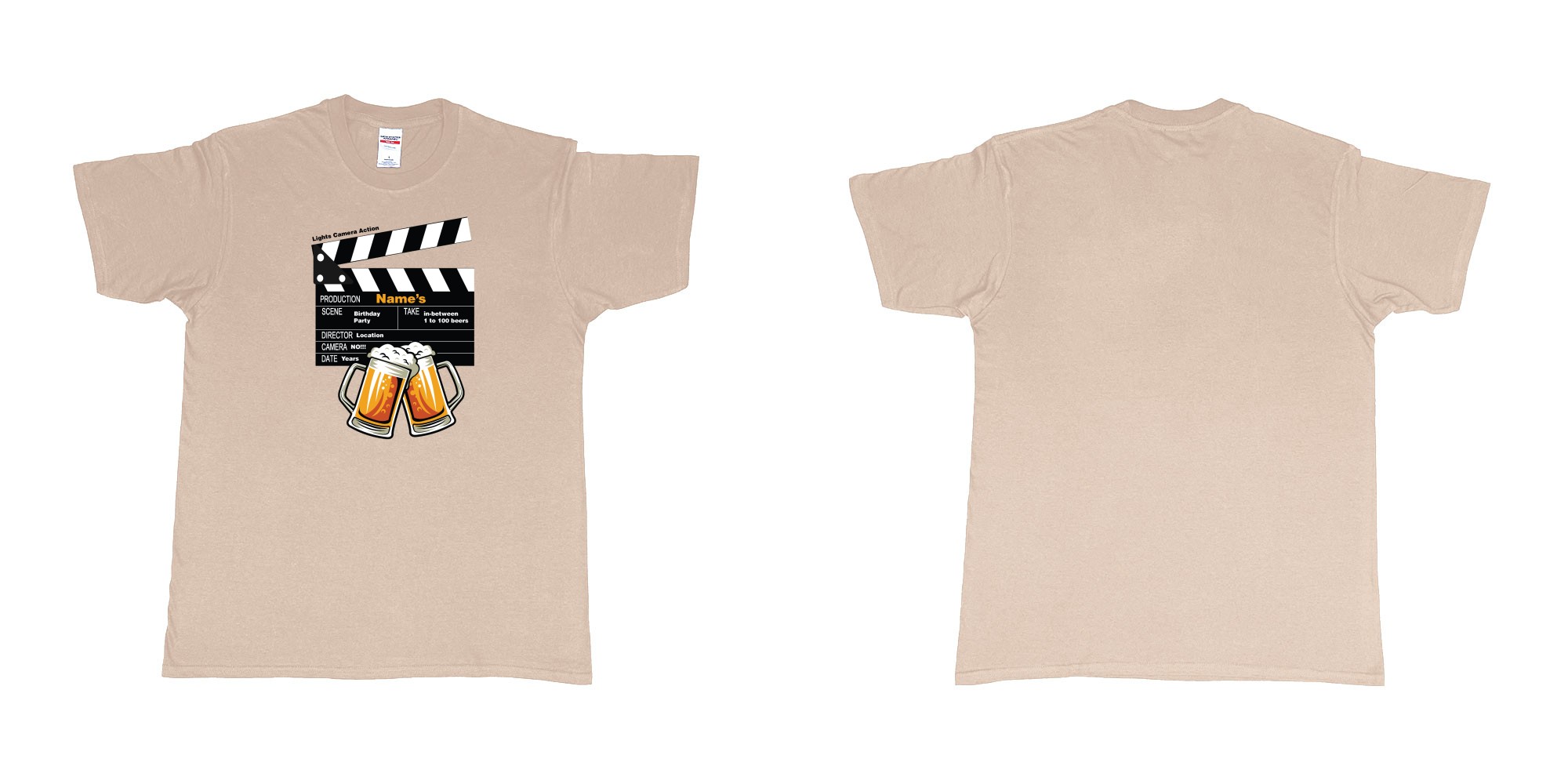 Custom tshirt design birthday beers movie clapperboard in fabric color sand choice your own text made in Bali by The Pirate Way