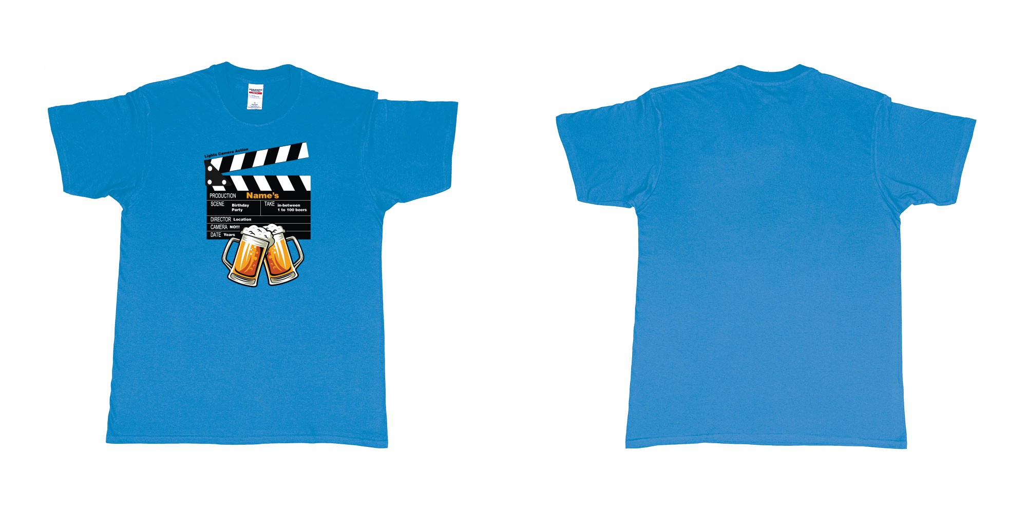 Custom tshirt design birthday beers movie clapperboard in fabric color sapphire choice your own text made in Bali by The Pirate Way