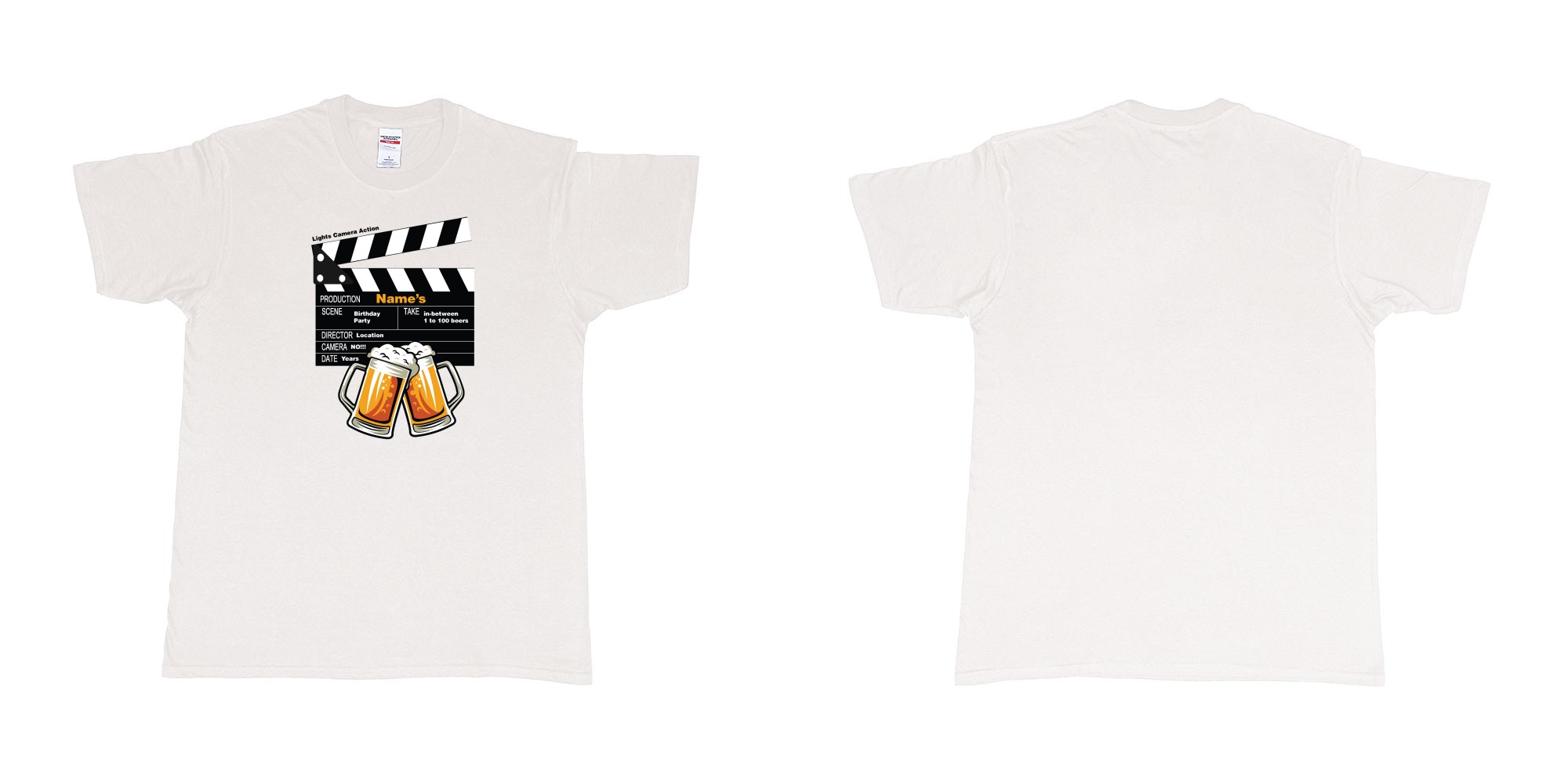 Custom tshirt design birthday beers movie clapperboard in fabric color white choice your own text made in Bali by The Pirate Way