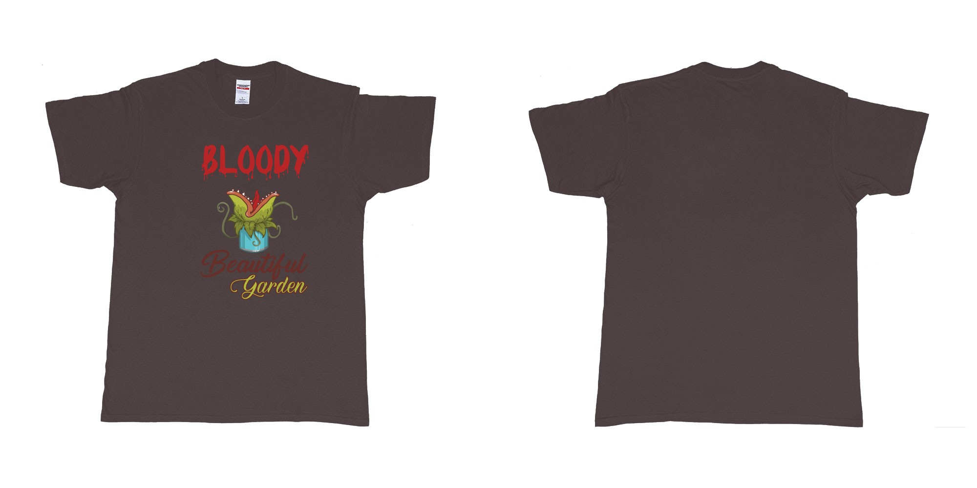 Custom tshirt design bloody beautiful garden little shop of horror in fabric color dark-chocolate choice your own text made in Bali by The Pirate Way