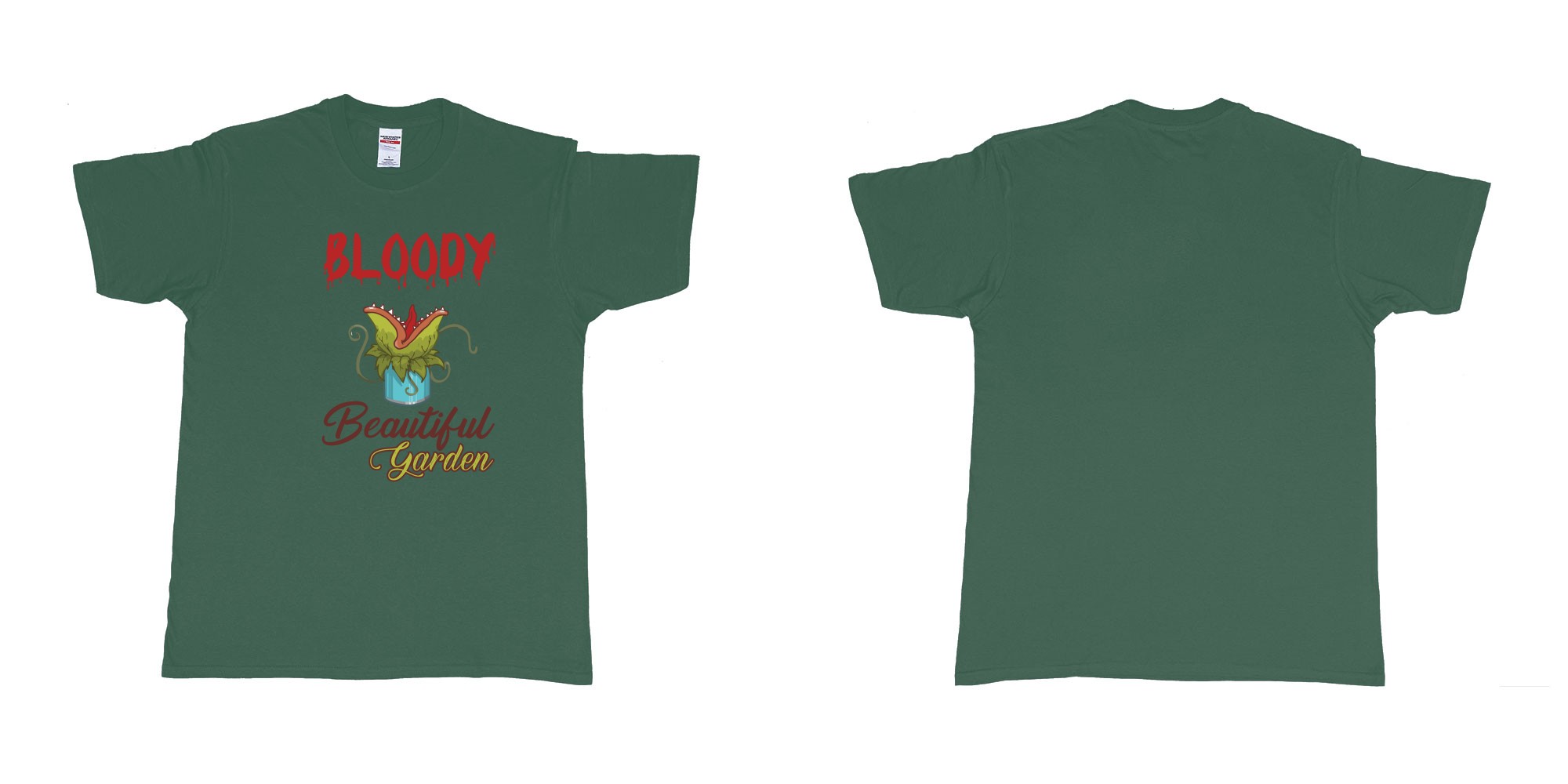 Custom tshirt design bloody beautiful garden little shop of horror in fabric color forest-green choice your own text made in Bali by The Pirate Way