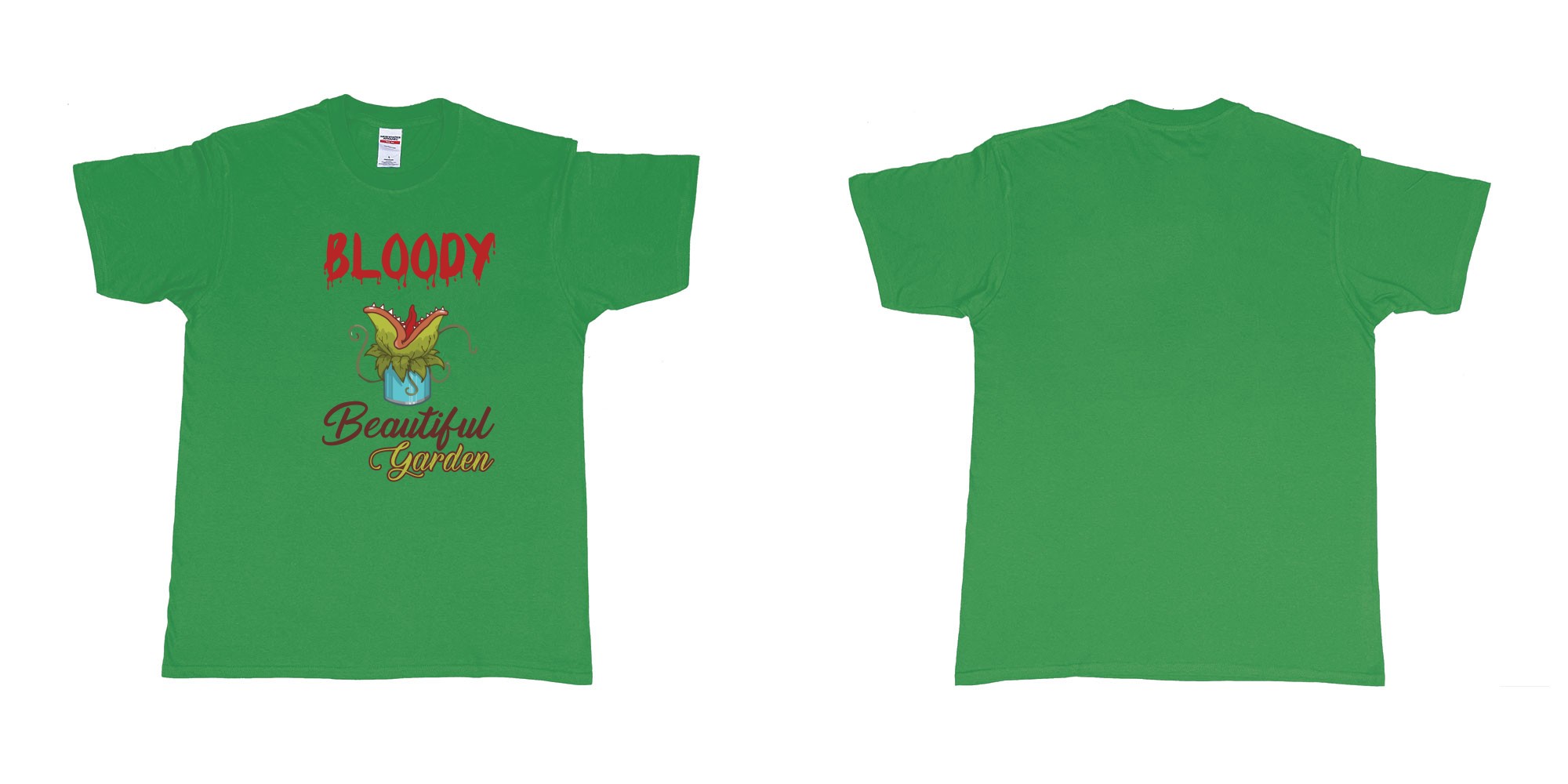 Custom tshirt design bloody beautiful garden little shop of horror in fabric color irish-green choice your own text made in Bali by The Pirate Way