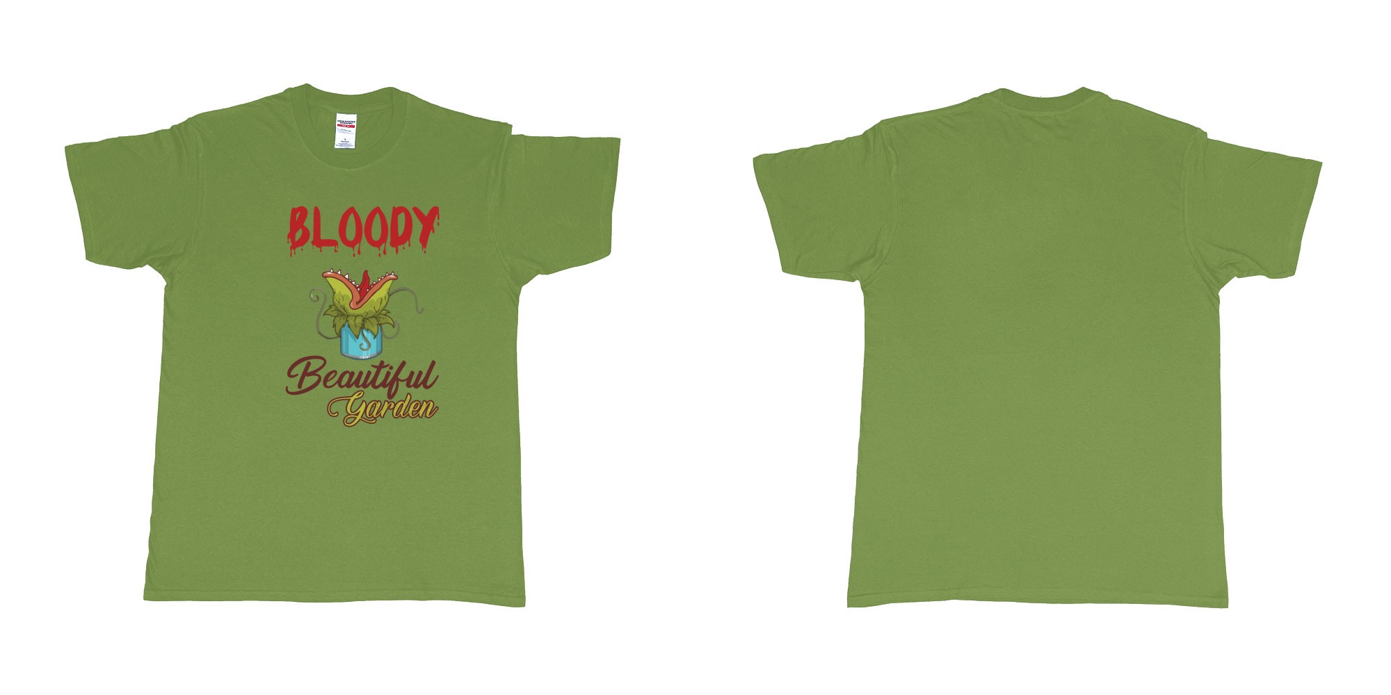 Custom tshirt design bloody beautiful garden little shop of horror in fabric color military-green choice your own text made in Bali by The Pirate Way