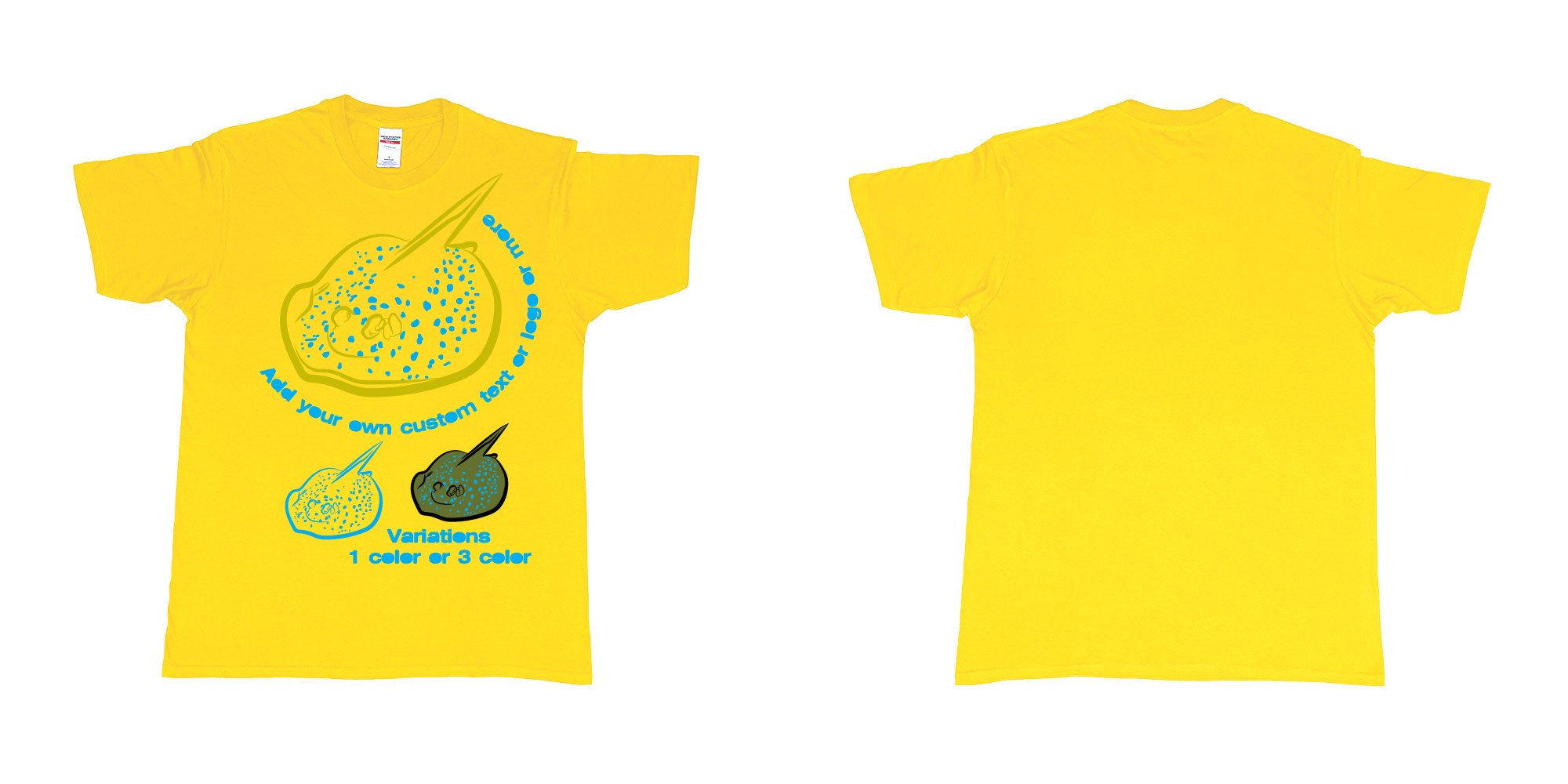Custom tshirt design blue spotted stingray in fabric color daisy choice your own text made in Bali by The Pirate Way
