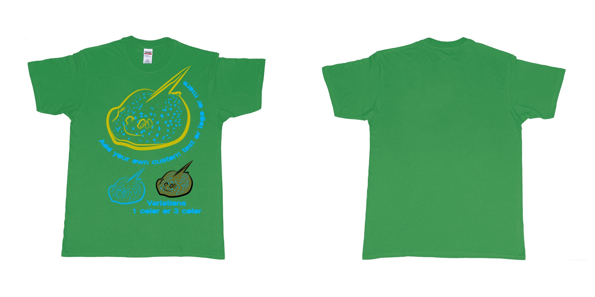 Custom tshirt design blue spotted stingray in fabric color irish-green choice your own text made in Bali by The Pirate Way