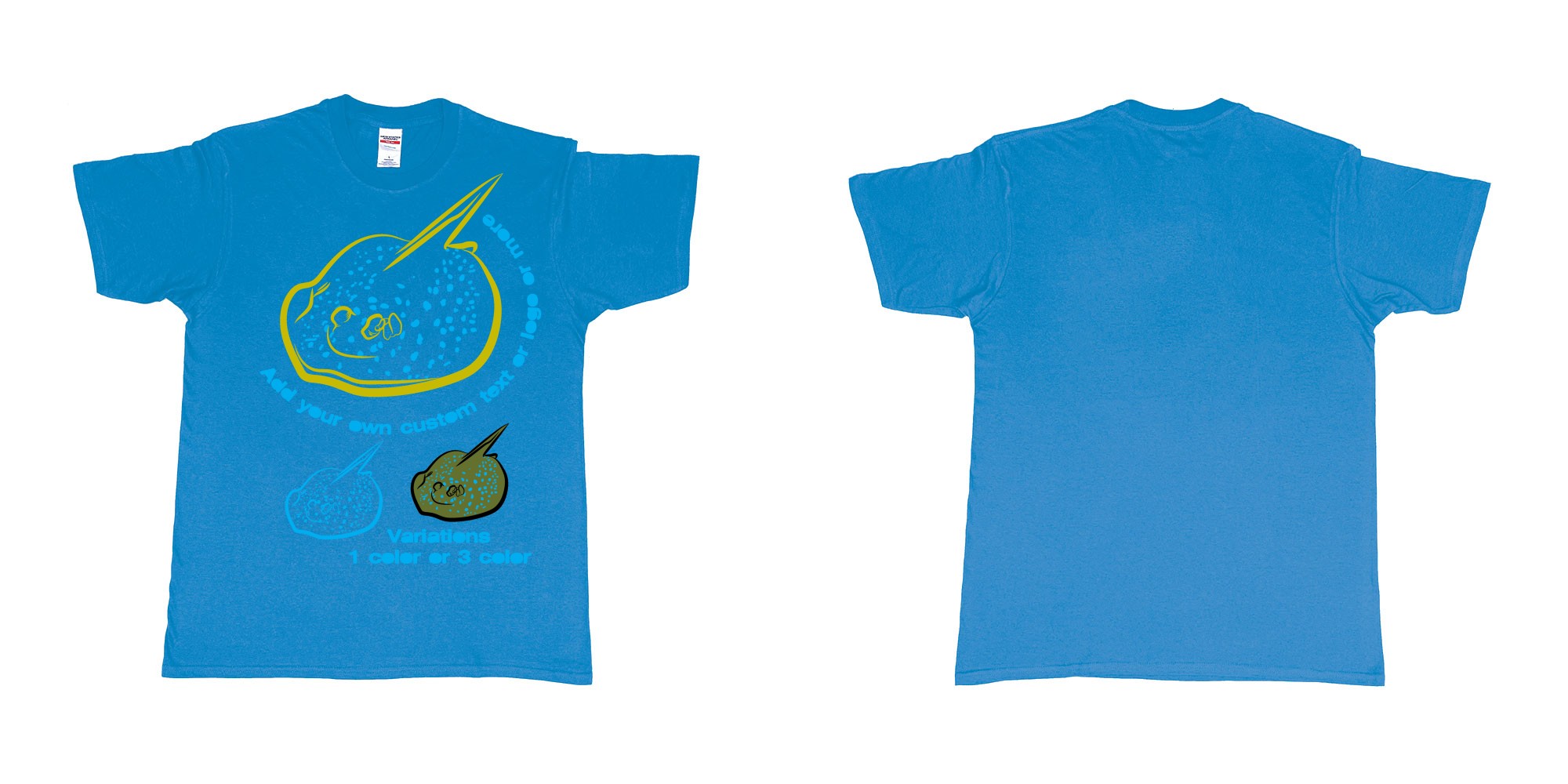 Custom tshirt design blue spotted stingray in fabric color sapphire choice your own text made in Bali by The Pirate Way