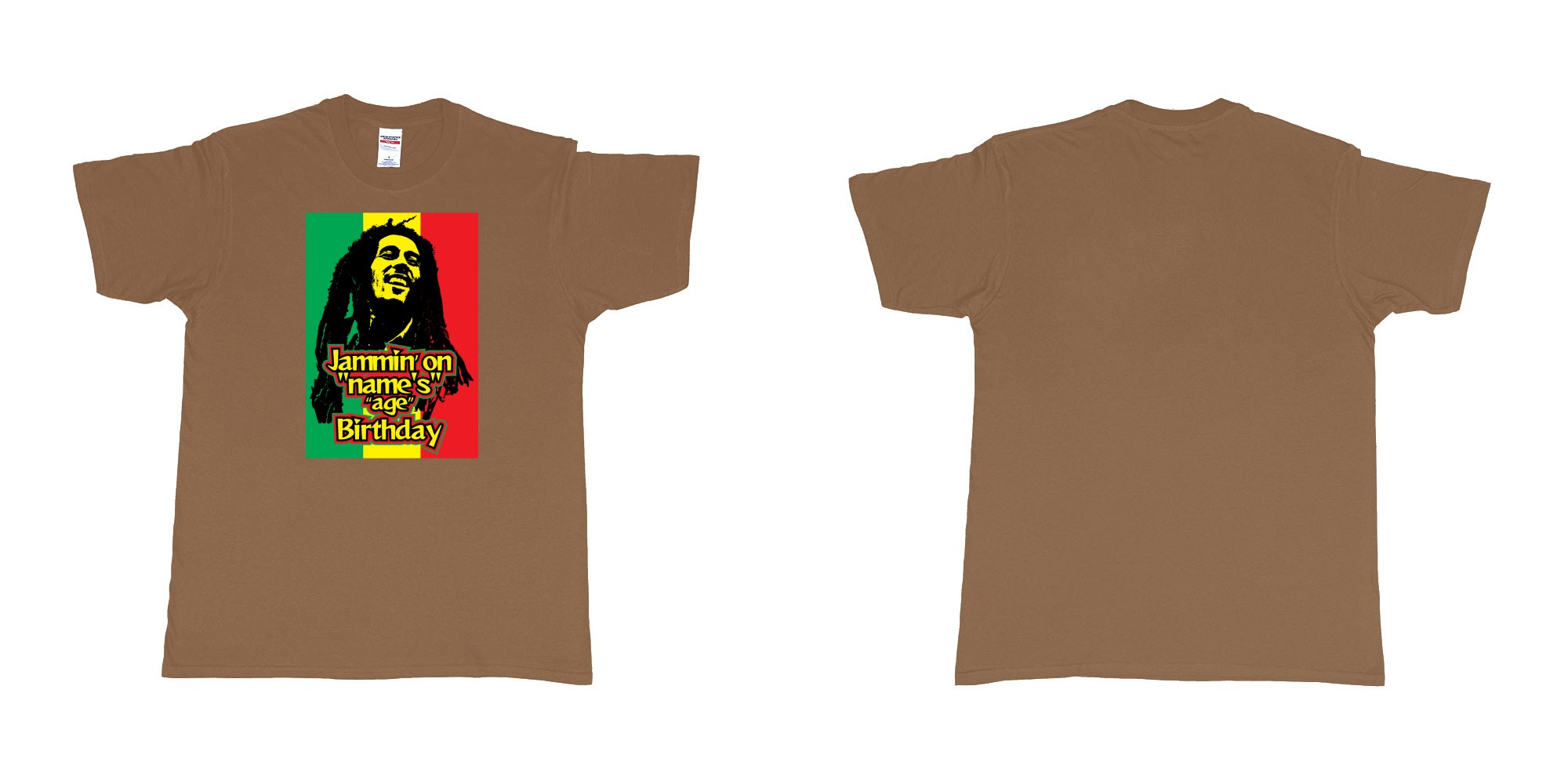 Custom tshirt design bob marley jammin on custom names birthday in fabric color chestnut choice your own text made in Bali by The Pirate Way