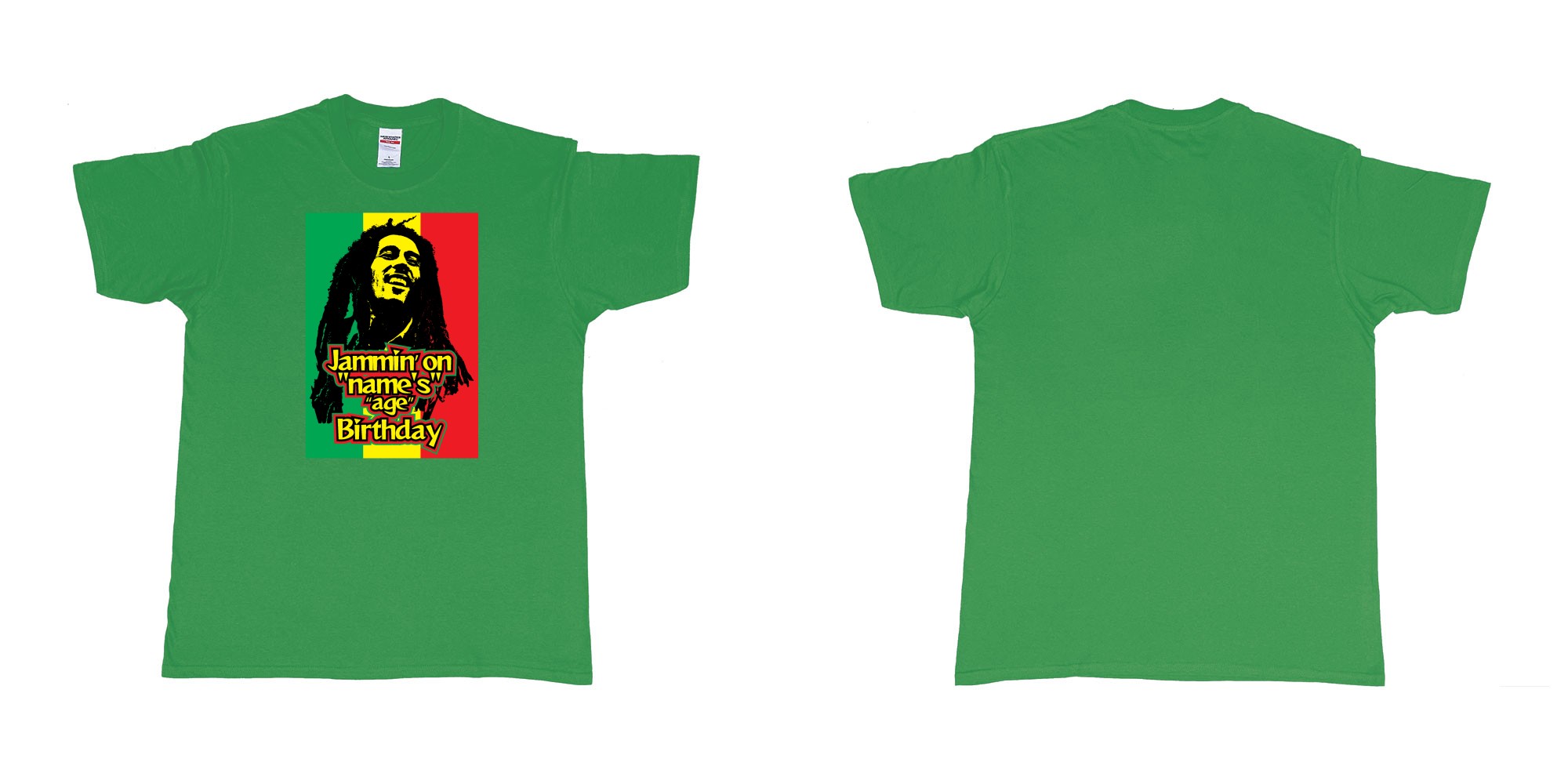 Custom tshirt design bob marley jammin on custom names birthday in fabric color irish-green choice your own text made in Bali by The Pirate Way