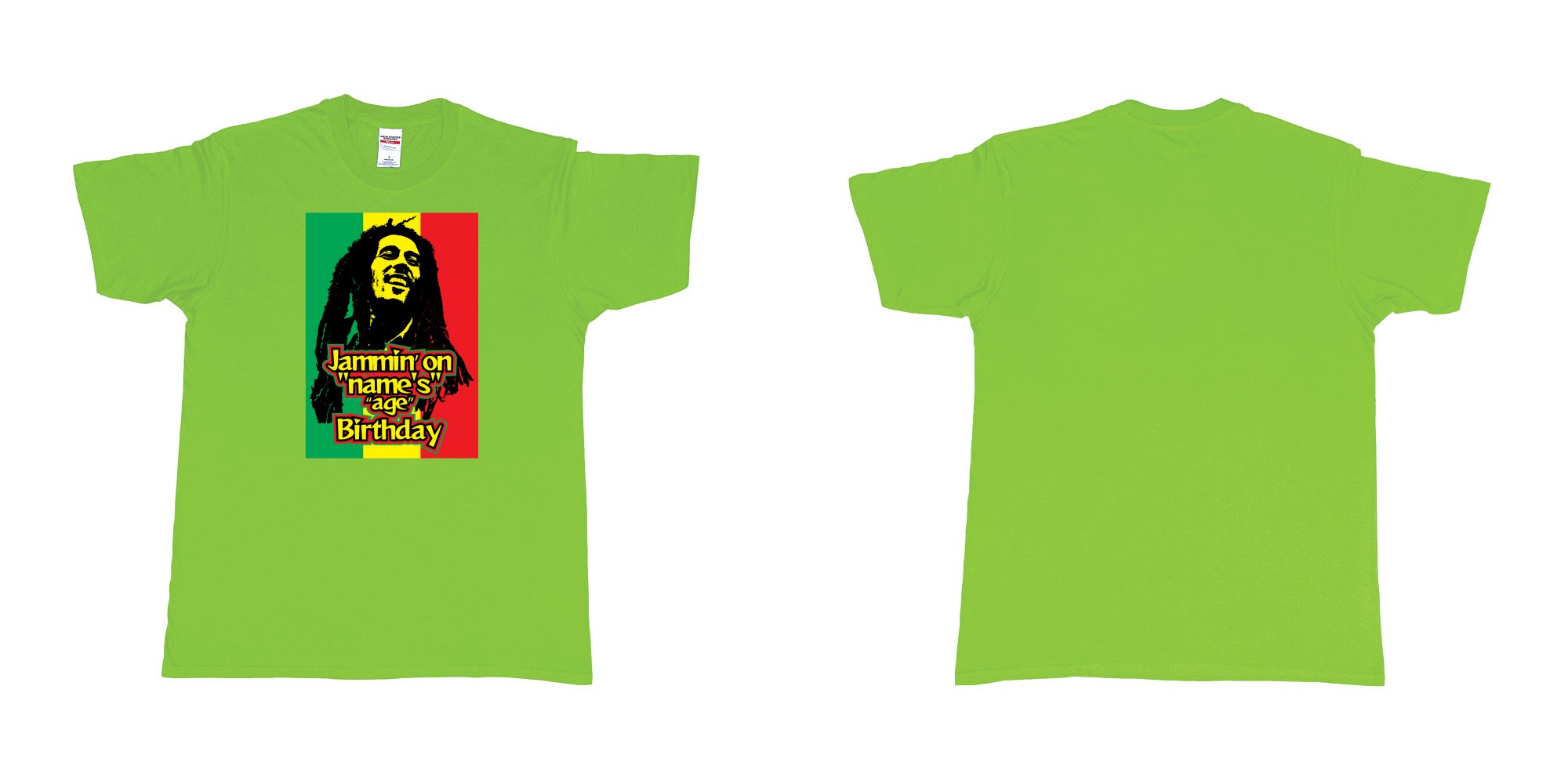 Custom tshirt design bob marley jammin on custom names birthday in fabric color lime choice your own text made in Bali by The Pirate Way