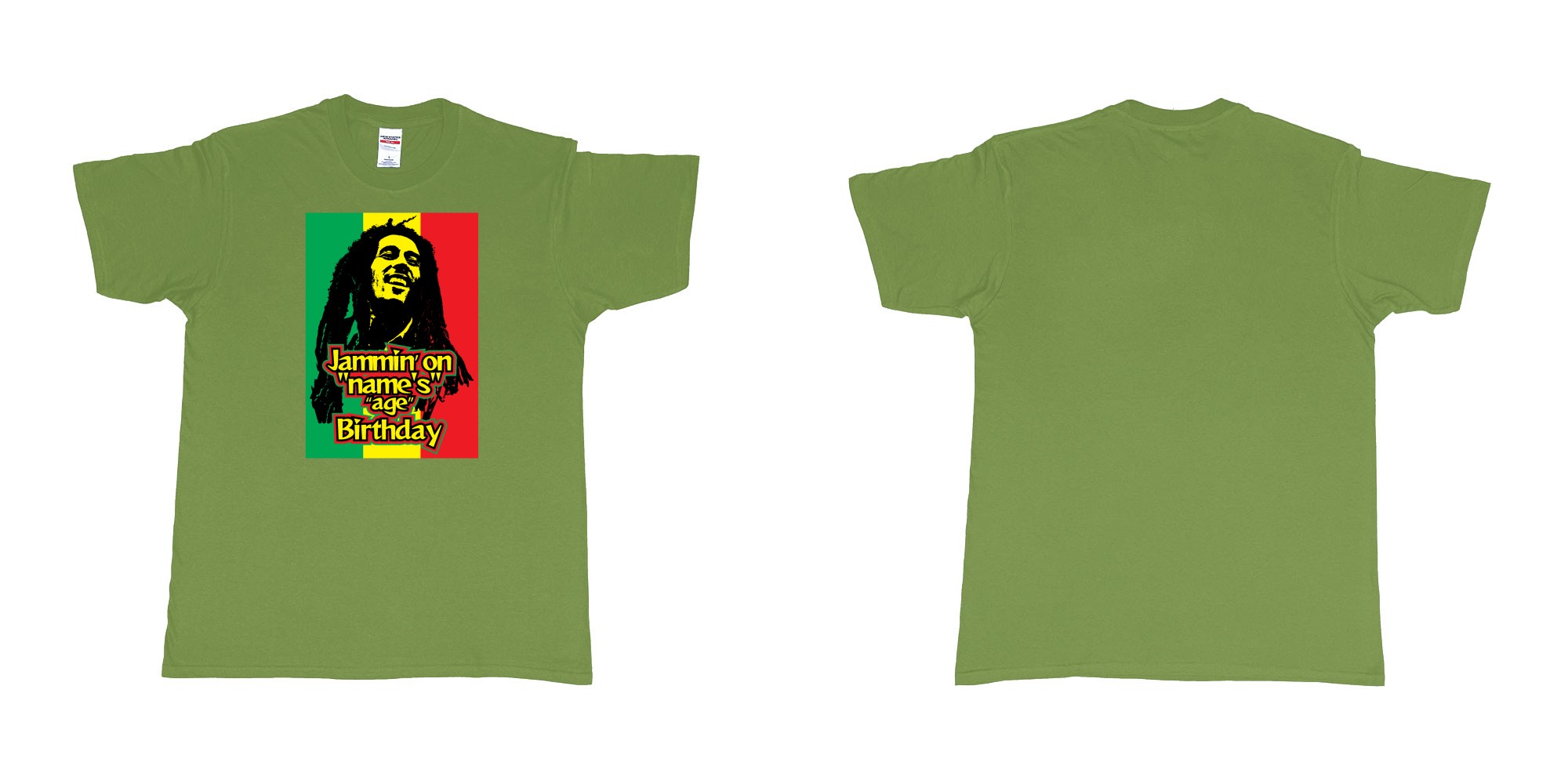 Custom tshirt design bob marley jammin on custom names birthday in fabric color military-green choice your own text made in Bali by The Pirate Way
