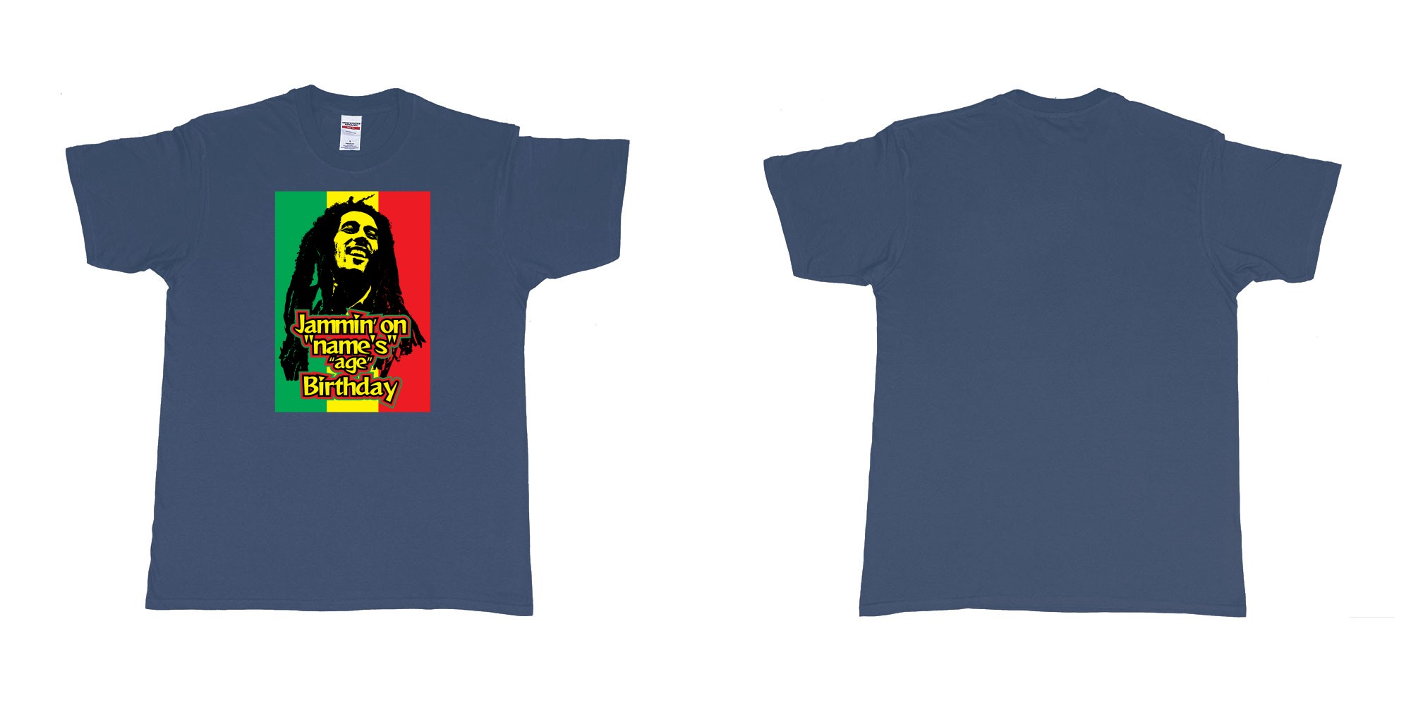 Custom tshirt design bob marley jammin on custom names birthday in fabric color navy choice your own text made in Bali by The Pirate Way
