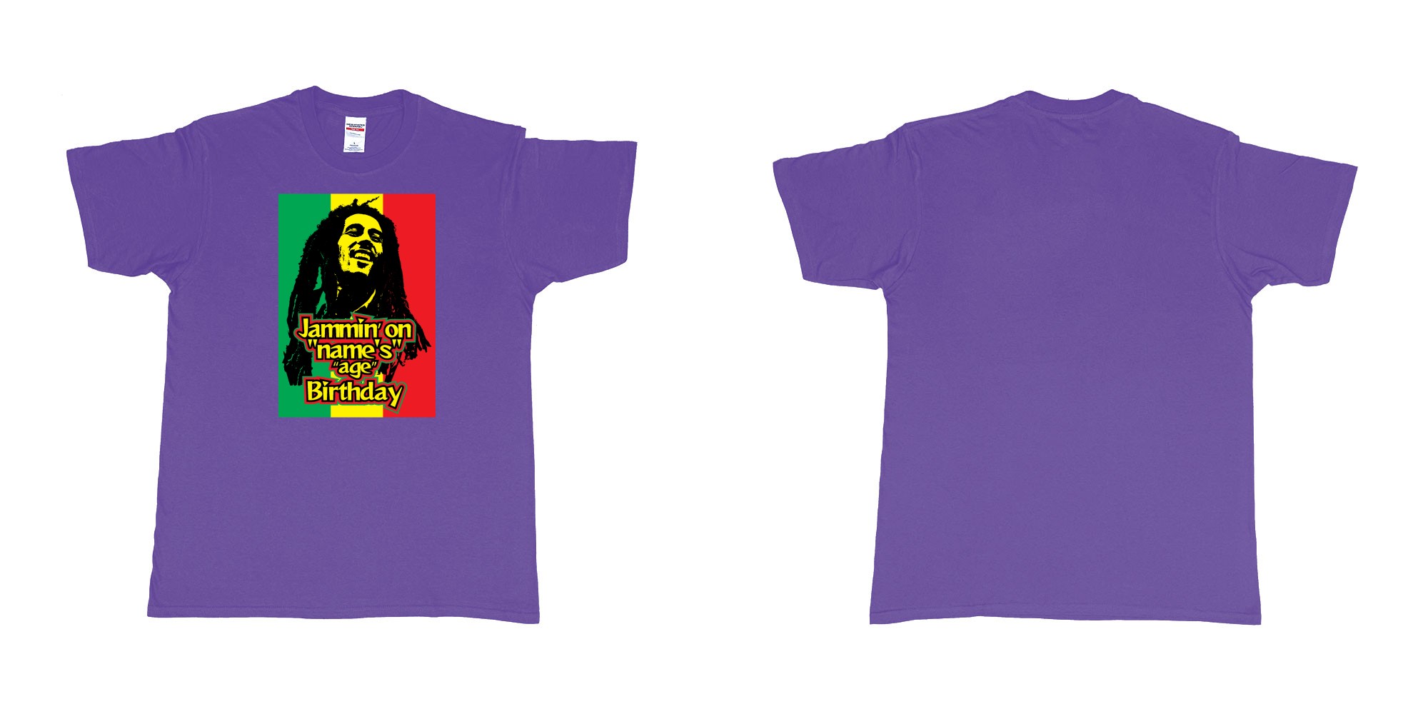 Custom tshirt design bob marley jammin on custom names birthday in fabric color purple choice your own text made in Bali by The Pirate Way