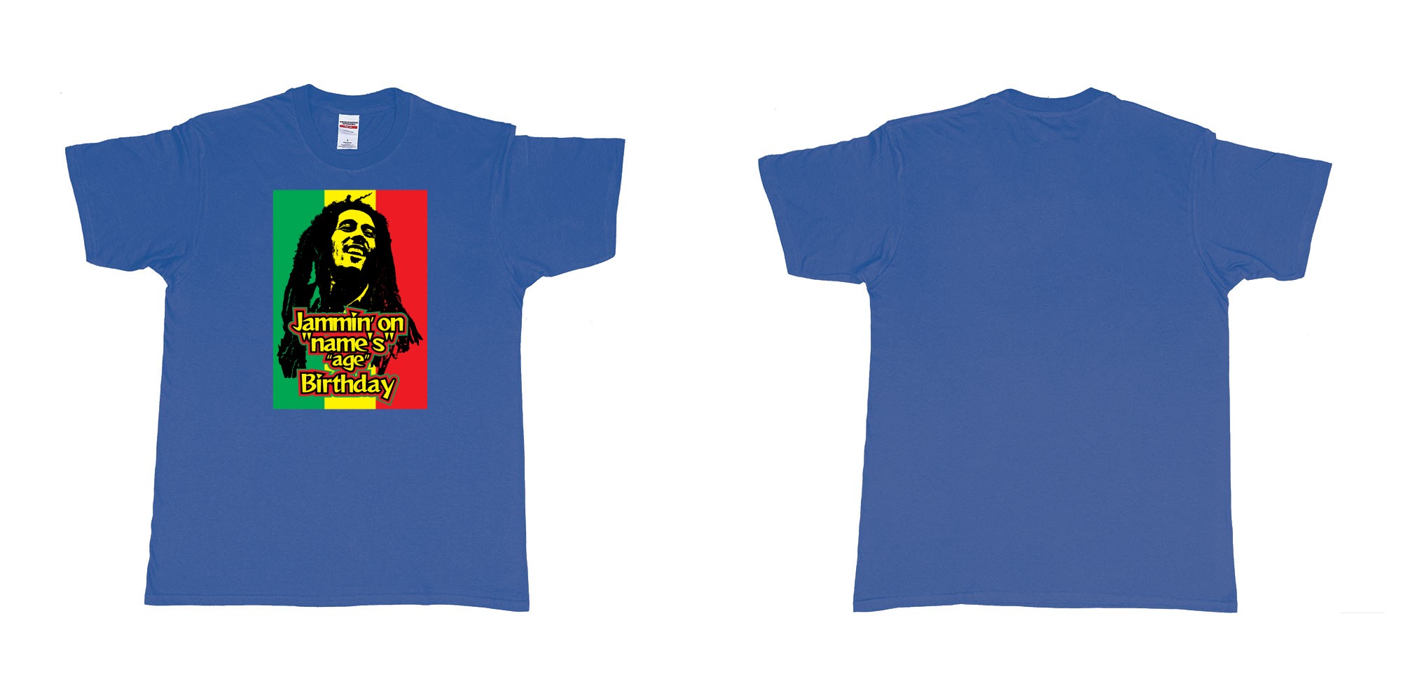 Custom tshirt design bob marley jammin on custom names birthday in fabric color royal-blue choice your own text made in Bali by The Pirate Way
