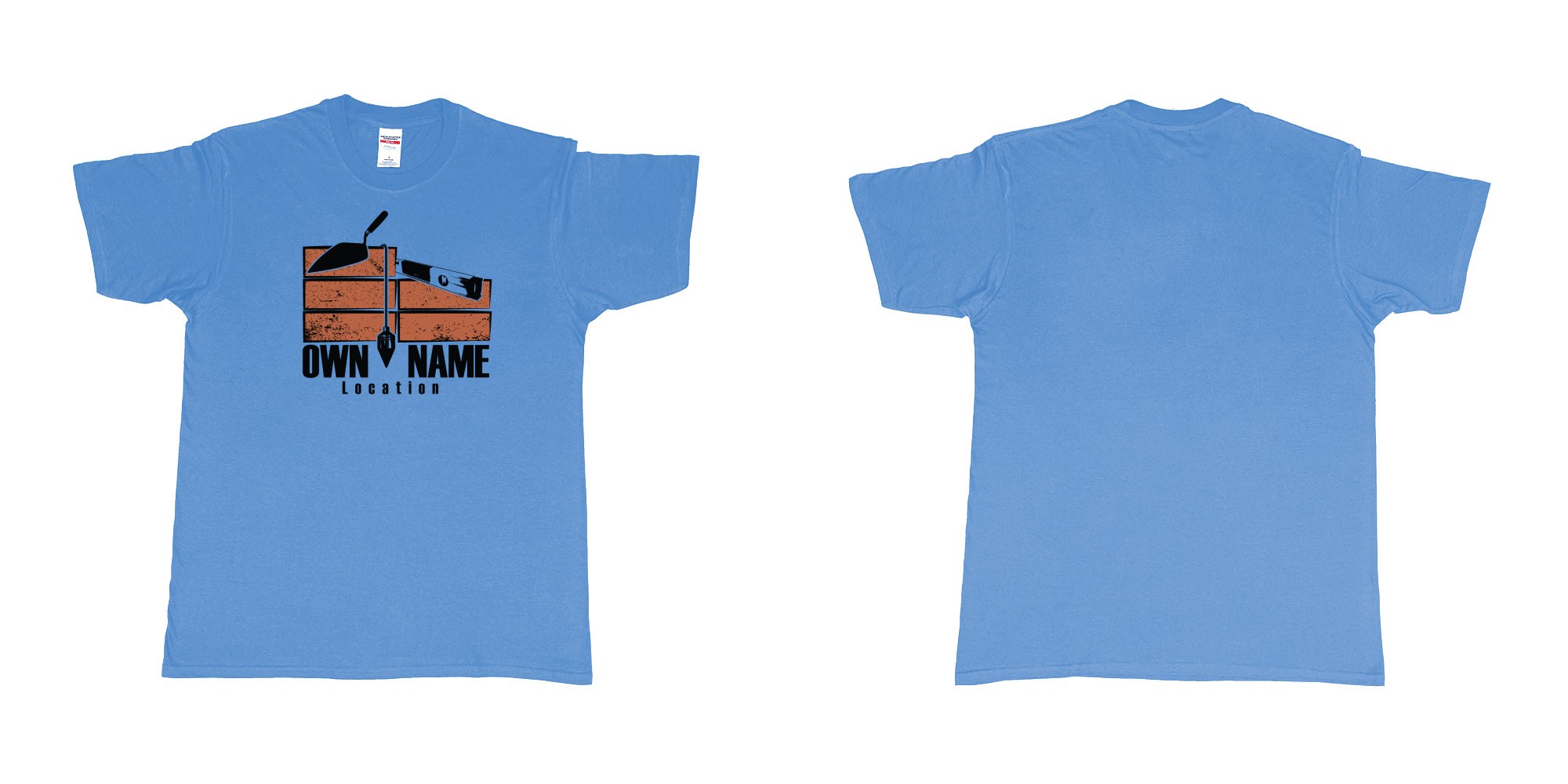 Custom tshirt design brick layer builder own custom company printing name location trowel in fabric color carolina-blue choice your own text made in Bali by The Pirate Way