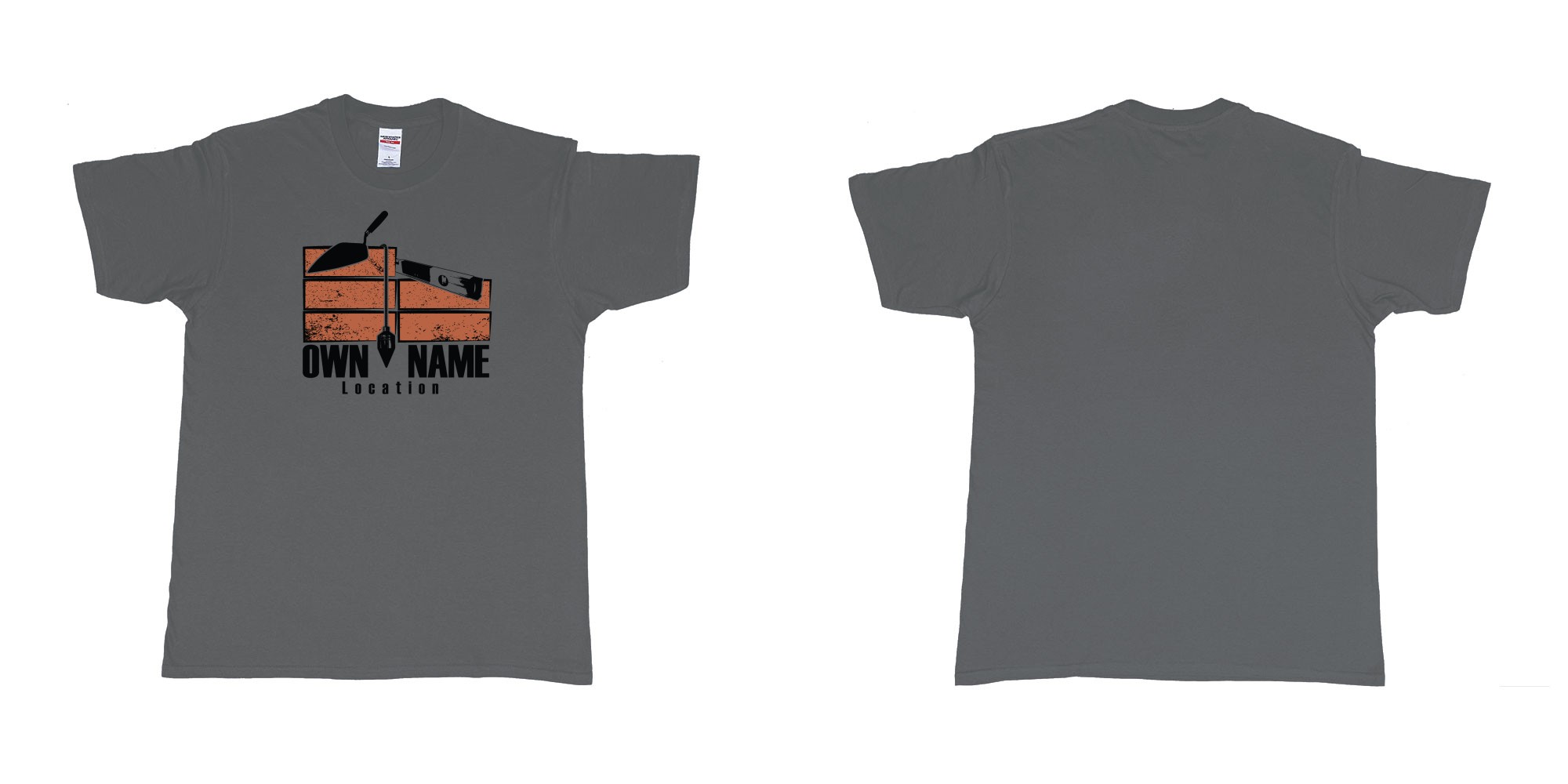Custom tshirt design brick layer builder own custom company printing name location trowel in fabric color charcoal choice your own text made in Bali by The Pirate Way