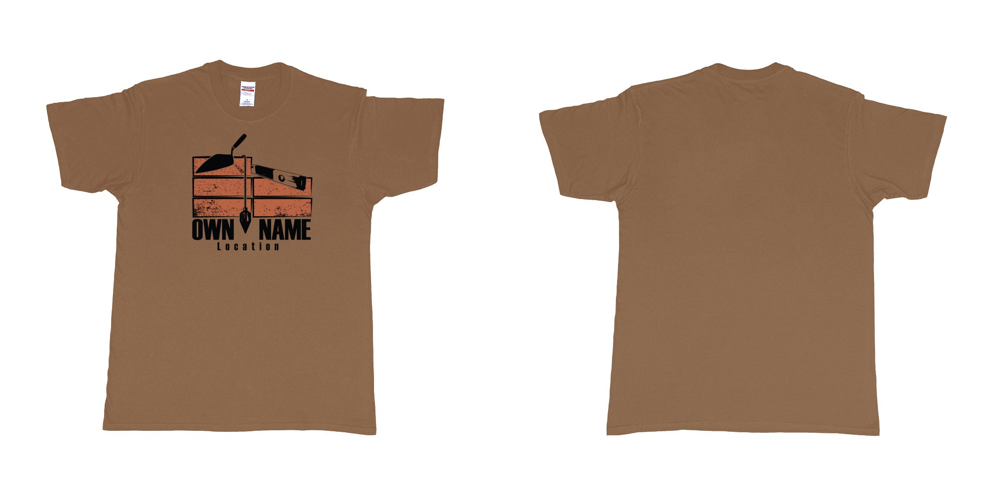 Custom tshirt design brick layer builder own custom company printing name location trowel in fabric color chestnut choice your own text made in Bali by The Pirate Way