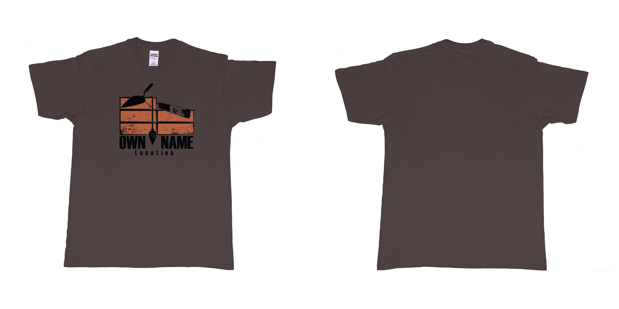 Custom tshirt design brick layer builder own custom company printing name location trowel in fabric color dark-chocolate choice your own text made in Bali by The Pirate Way