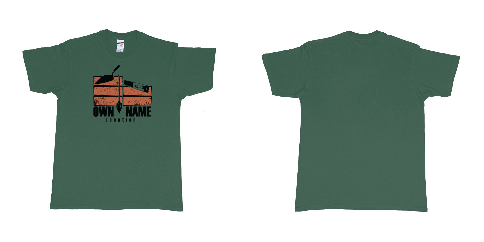 Custom tshirt design brick layer builder own custom company printing name location trowel in fabric color forest-green choice your own text made in Bali by The Pirate Way