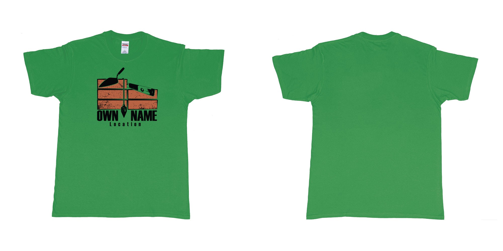 Custom tshirt design brick layer builder own custom company printing name location trowel in fabric color irish-green choice your own text made in Bali by The Pirate Way