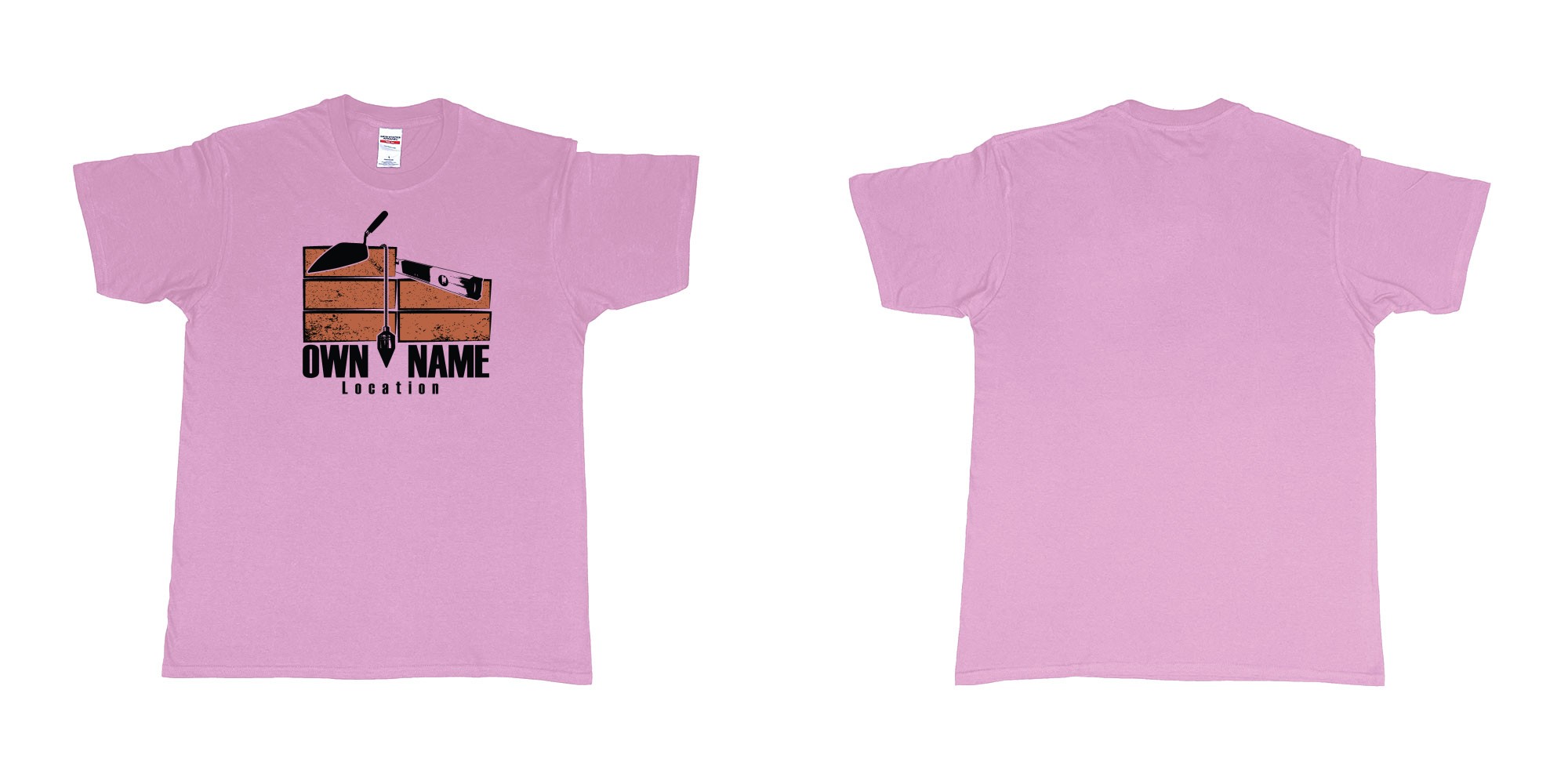 Custom tshirt design brick layer builder own custom company printing name location trowel in fabric color light-pink choice your own text made in Bali by The Pirate Way