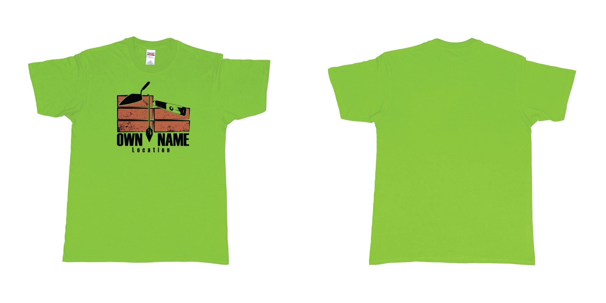 Custom tshirt design brick layer builder own custom company printing name location trowel in fabric color lime choice your own text made in Bali by The Pirate Way