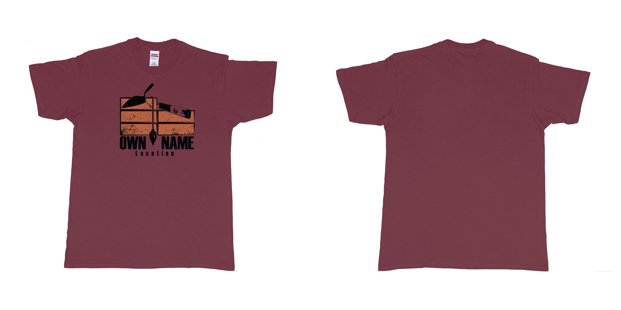 Custom tshirt design brick layer builder own custom company printing name location trowel in fabric color marron choice your own text made in Bali by The Pirate Way