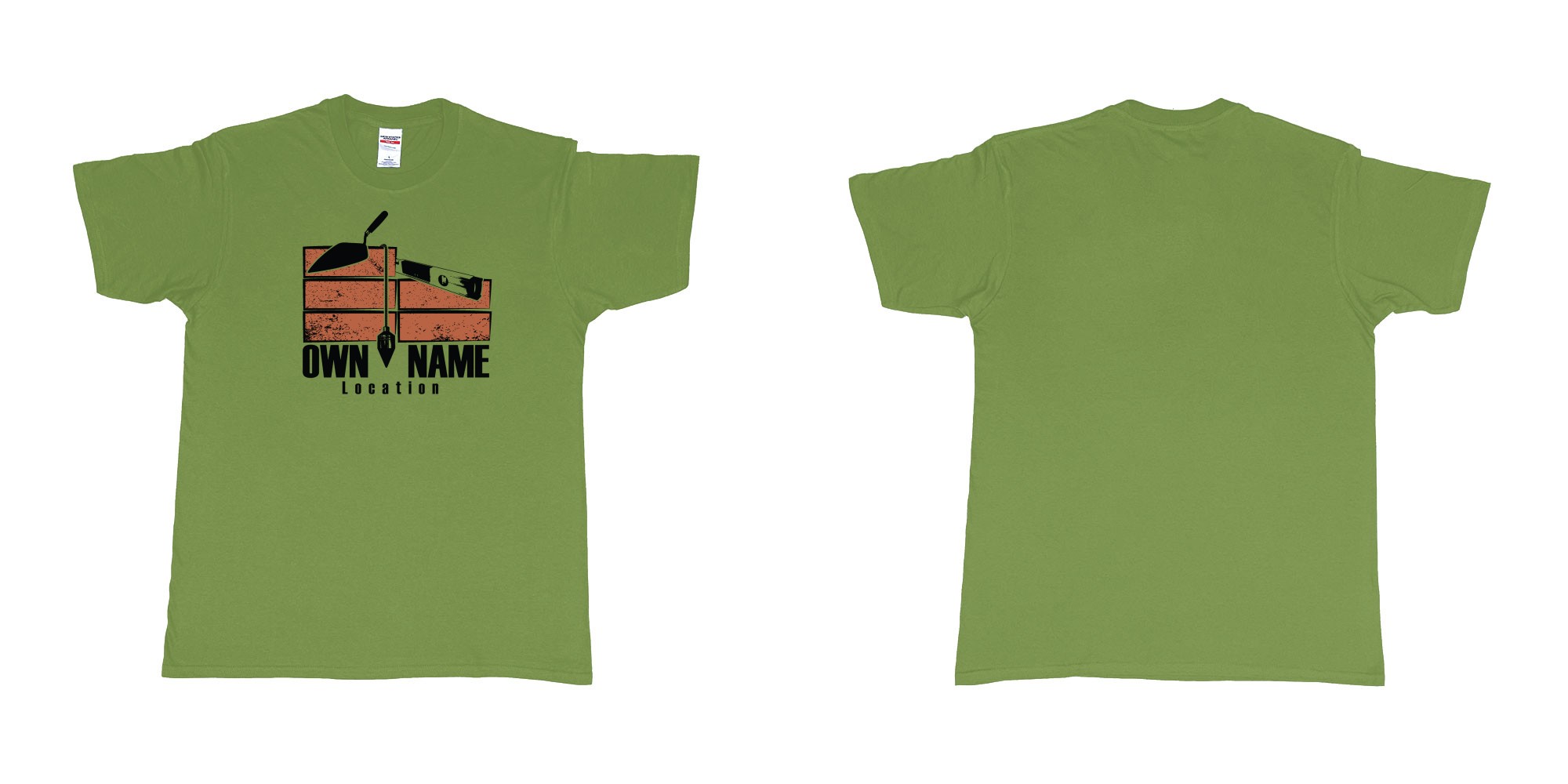Custom tshirt design brick layer builder own custom company printing name location trowel in fabric color military-green choice your own text made in Bali by The Pirate Way