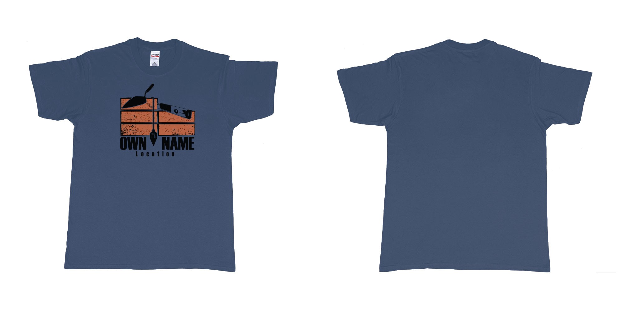 Custom tshirt design brick layer builder own custom company printing name location trowel in fabric color navy choice your own text made in Bali by The Pirate Way