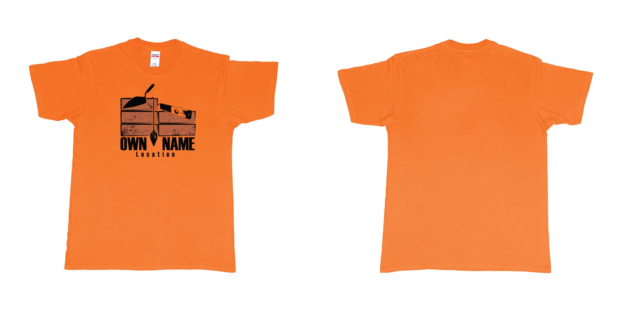 Custom tshirt design brick layer builder own custom company printing name location trowel in fabric color orange choice your own text made in Bali by The Pirate Way