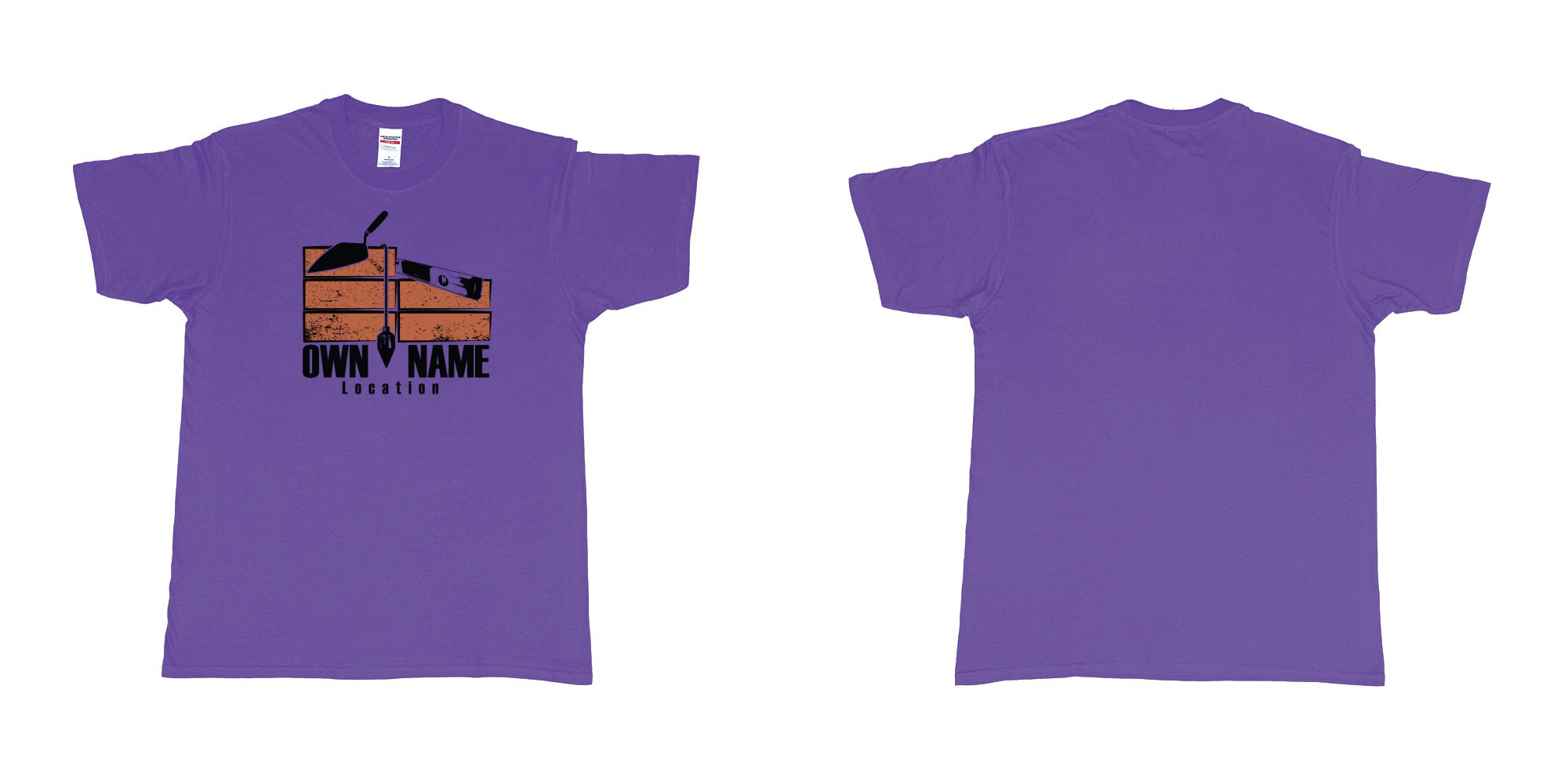 Custom tshirt design brick layer builder own custom company printing name location trowel in fabric color purple choice your own text made in Bali by The Pirate Way