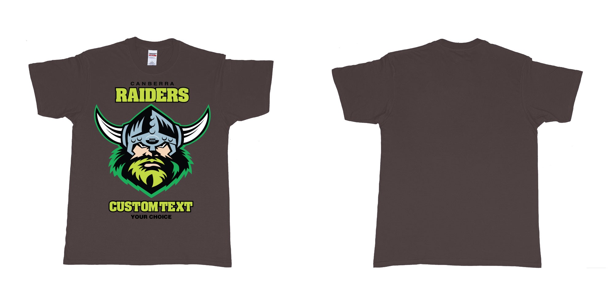 Custom tshirt design canberra raiders nrl logo own printed text near you in fabric color dark-chocolate choice your own text made in Bali by The Pirate Way