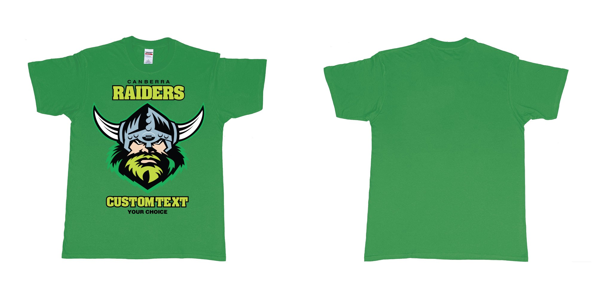 Custom tshirt design canberra raiders nrl logo own printed text near you in fabric color irish-green choice your own text made in Bali by The Pirate Way