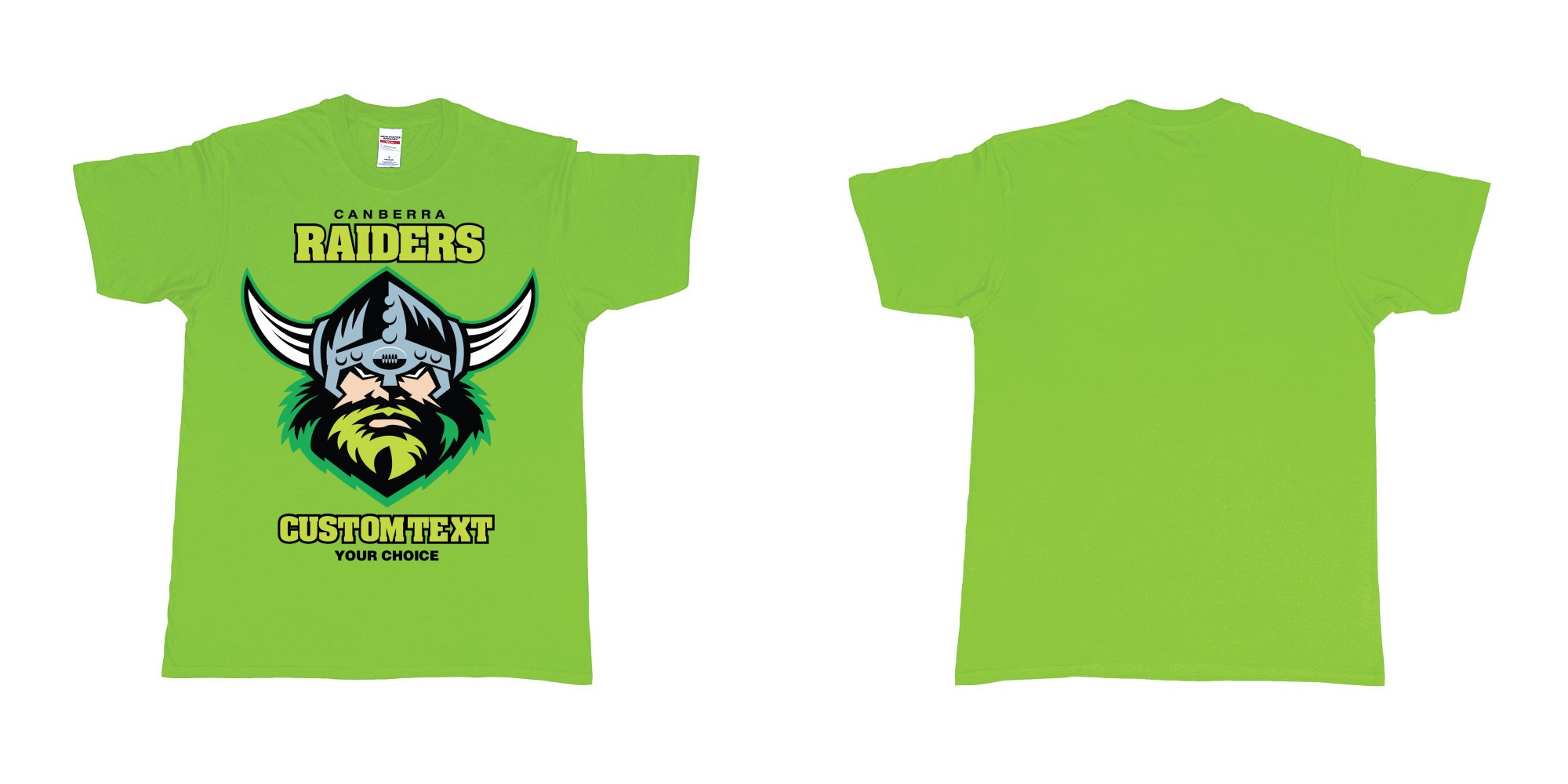 Custom tshirt design canberra raiders nrl logo own printed text near you in fabric color lime choice your own text made in Bali by The Pirate Way