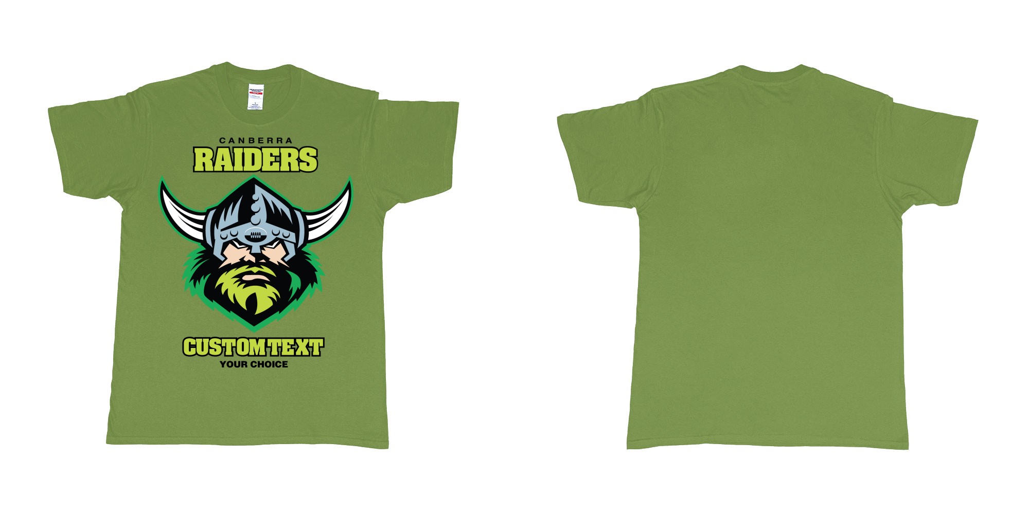 Custom tshirt design canberra raiders nrl logo own printed text near you in fabric color military-green choice your own text made in Bali by The Pirate Way