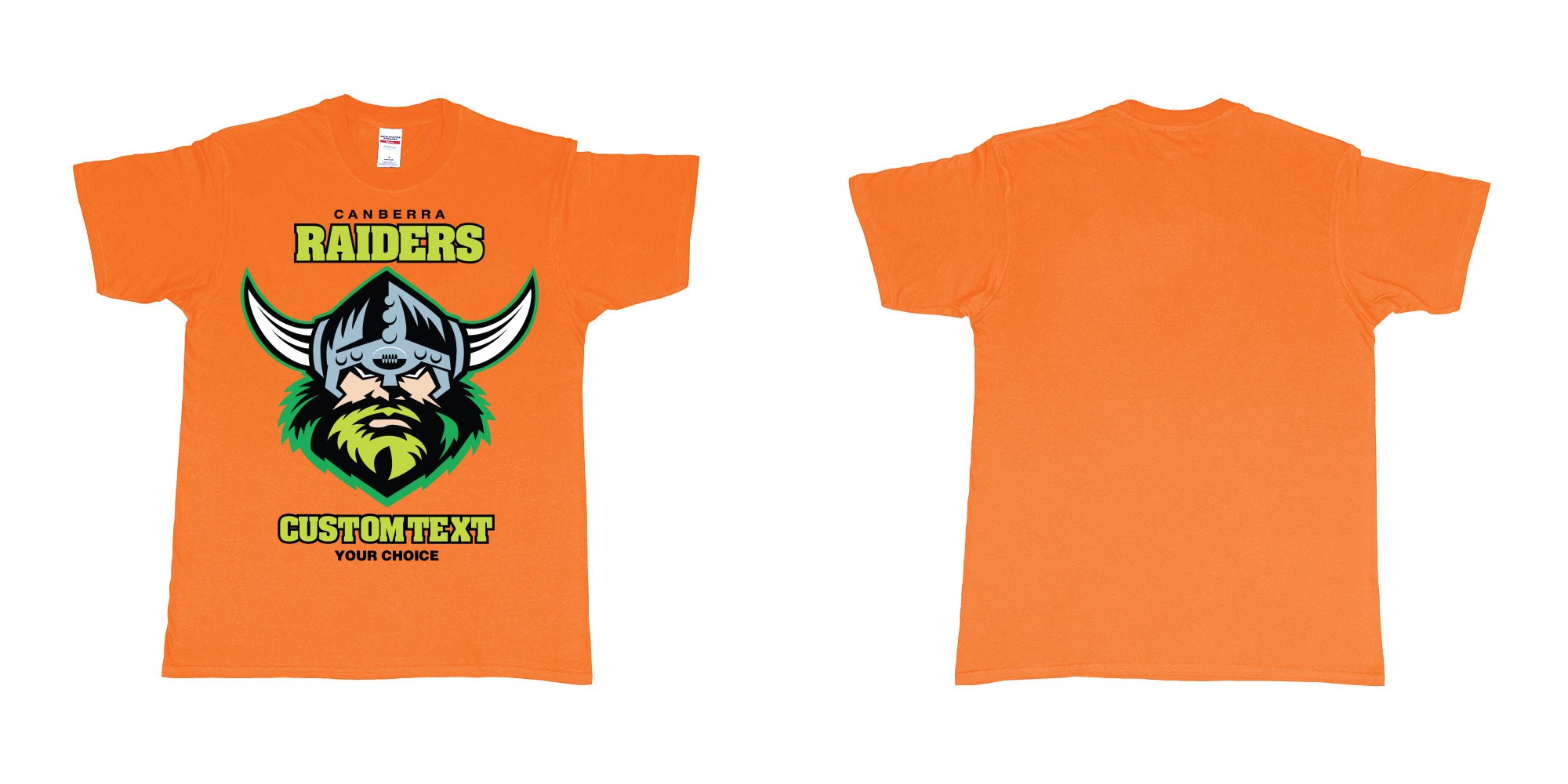 Custom tshirt design canberra raiders nrl logo own printed text near you in fabric color orange choice your own text made in Bali by The Pirate Way