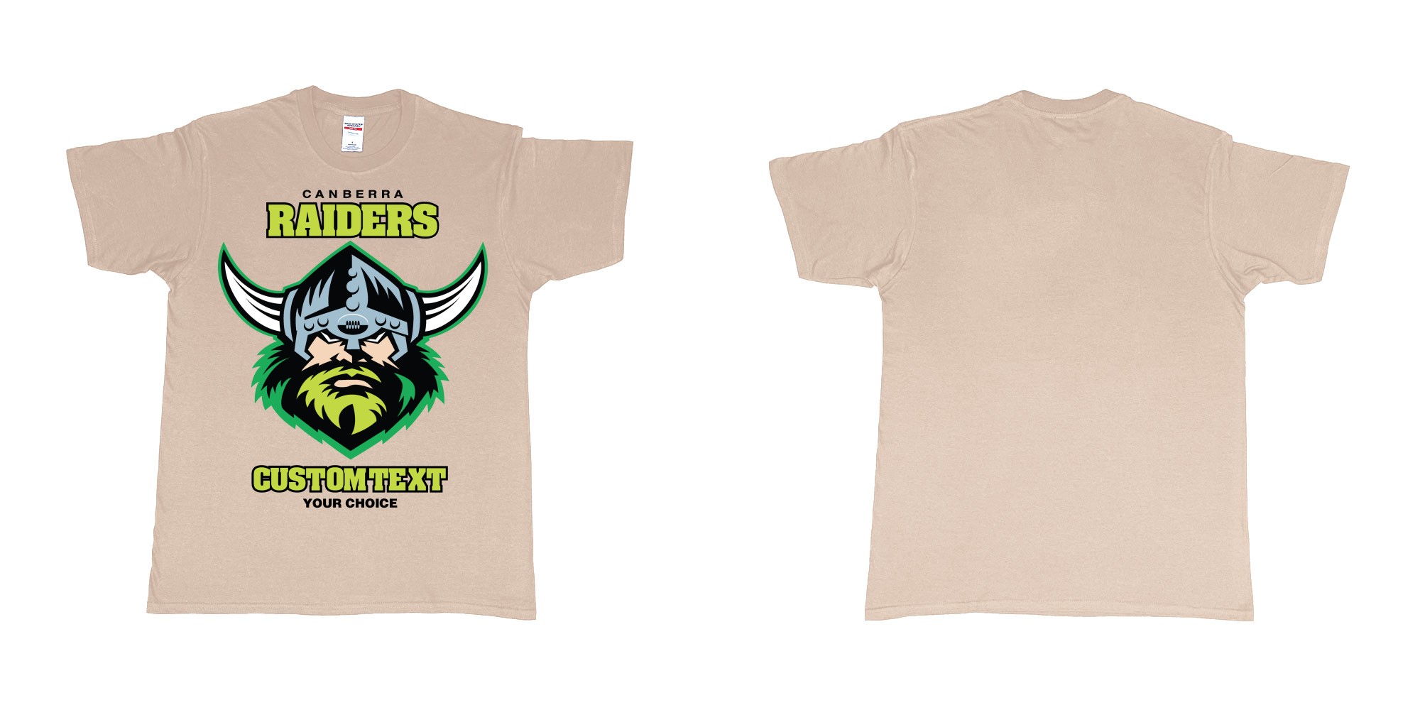 Custom tshirt design canberra raiders nrl logo own printed text near you in fabric color sand choice your own text made in Bali by The Pirate Way