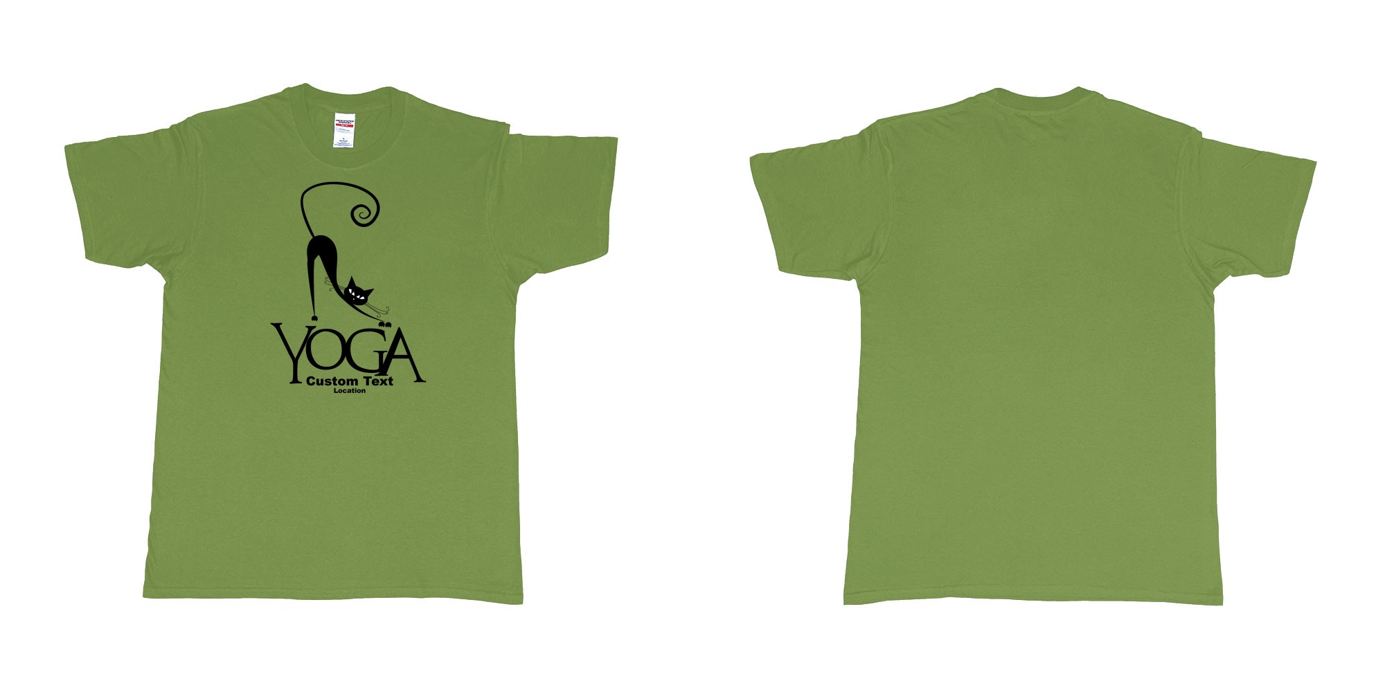 Custom tshirt design cat yoga custom text location print in fabric color military-green choice your own text made in Bali by The Pirate Way