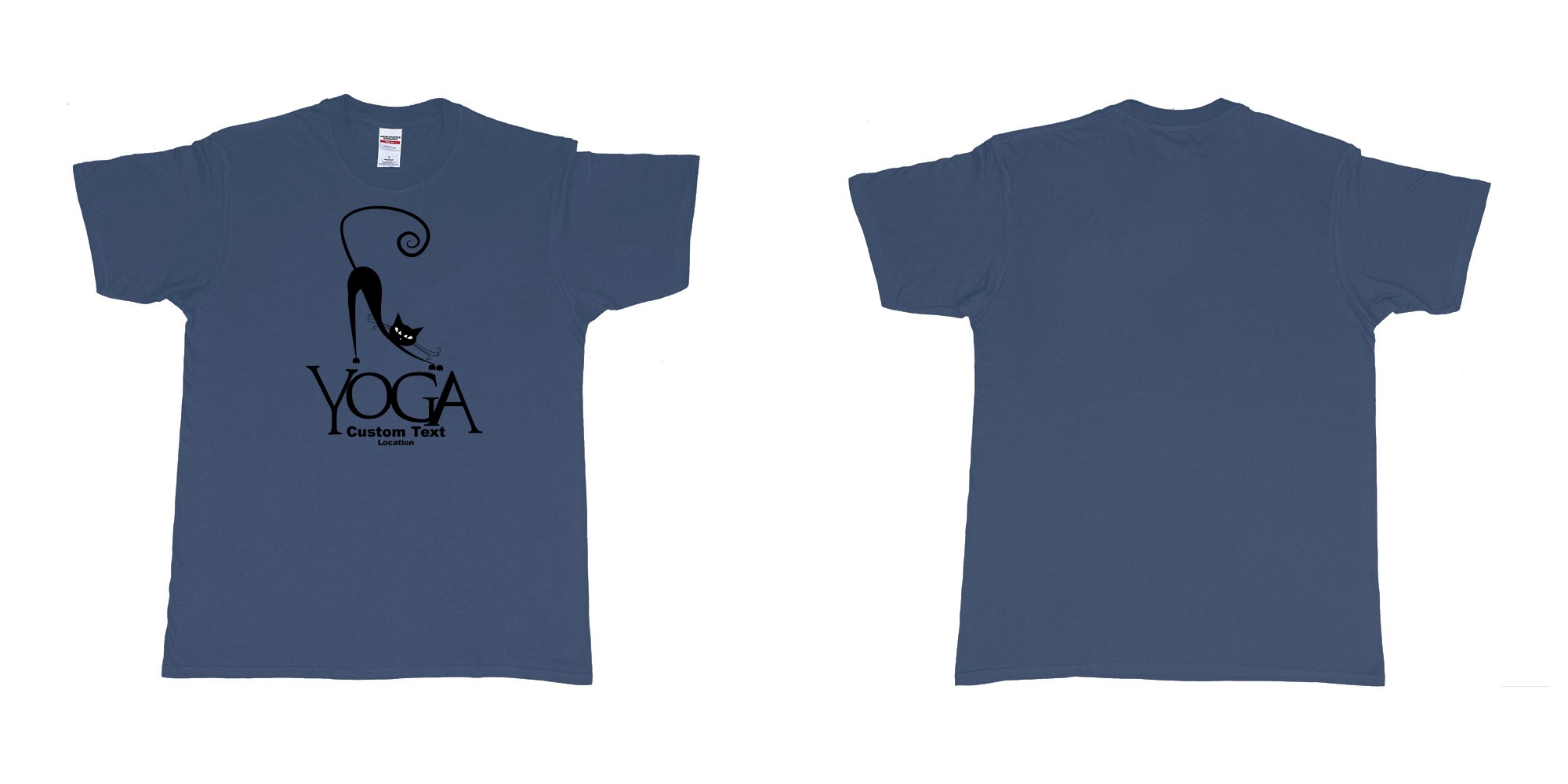Custom tshirt design cat yoga custom text location print in fabric color navy choice your own text made in Bali by The Pirate Way