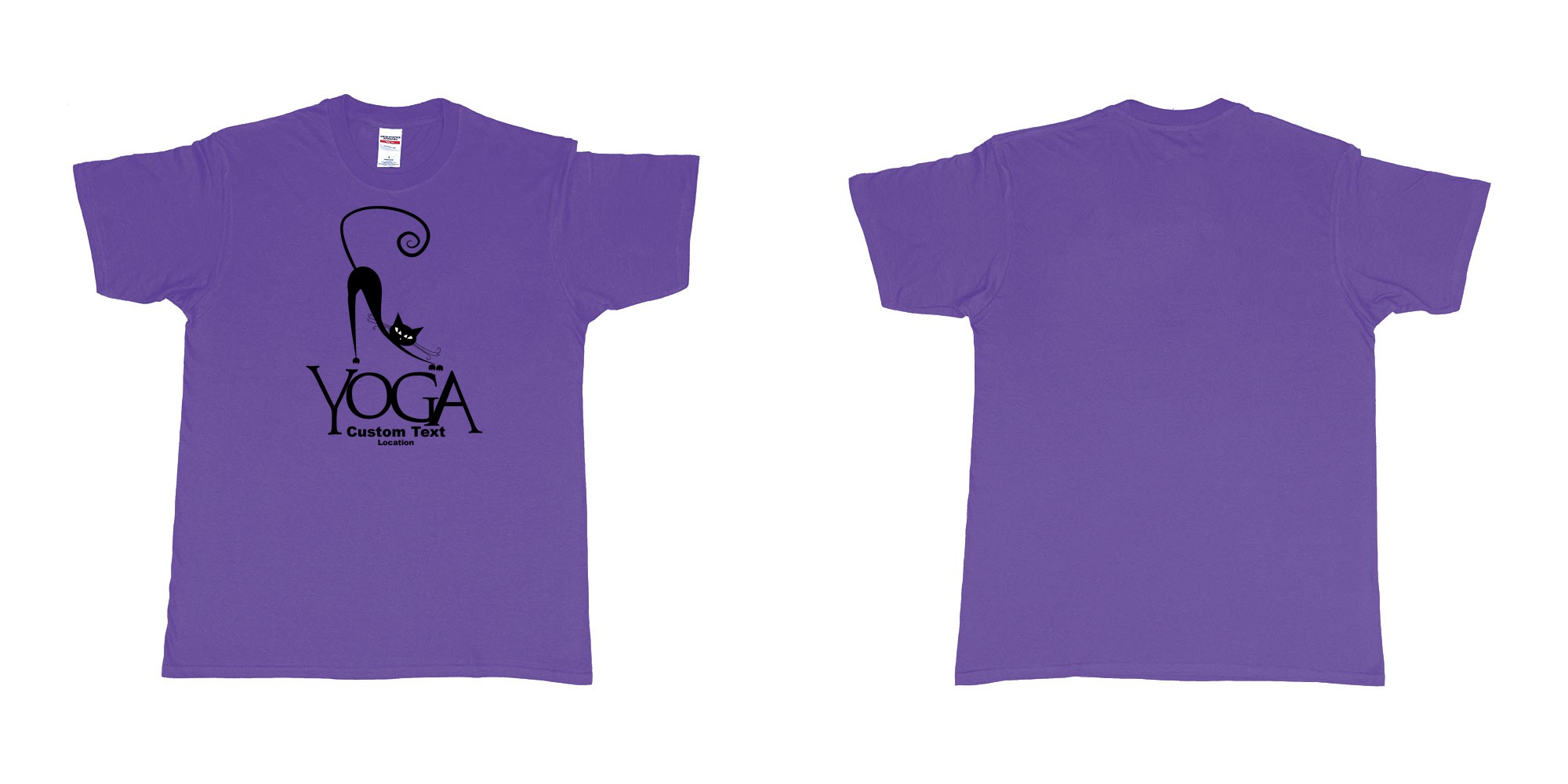 Custom tshirt design cat yoga custom text location print in fabric color purple choice your own text made in Bali by The Pirate Way