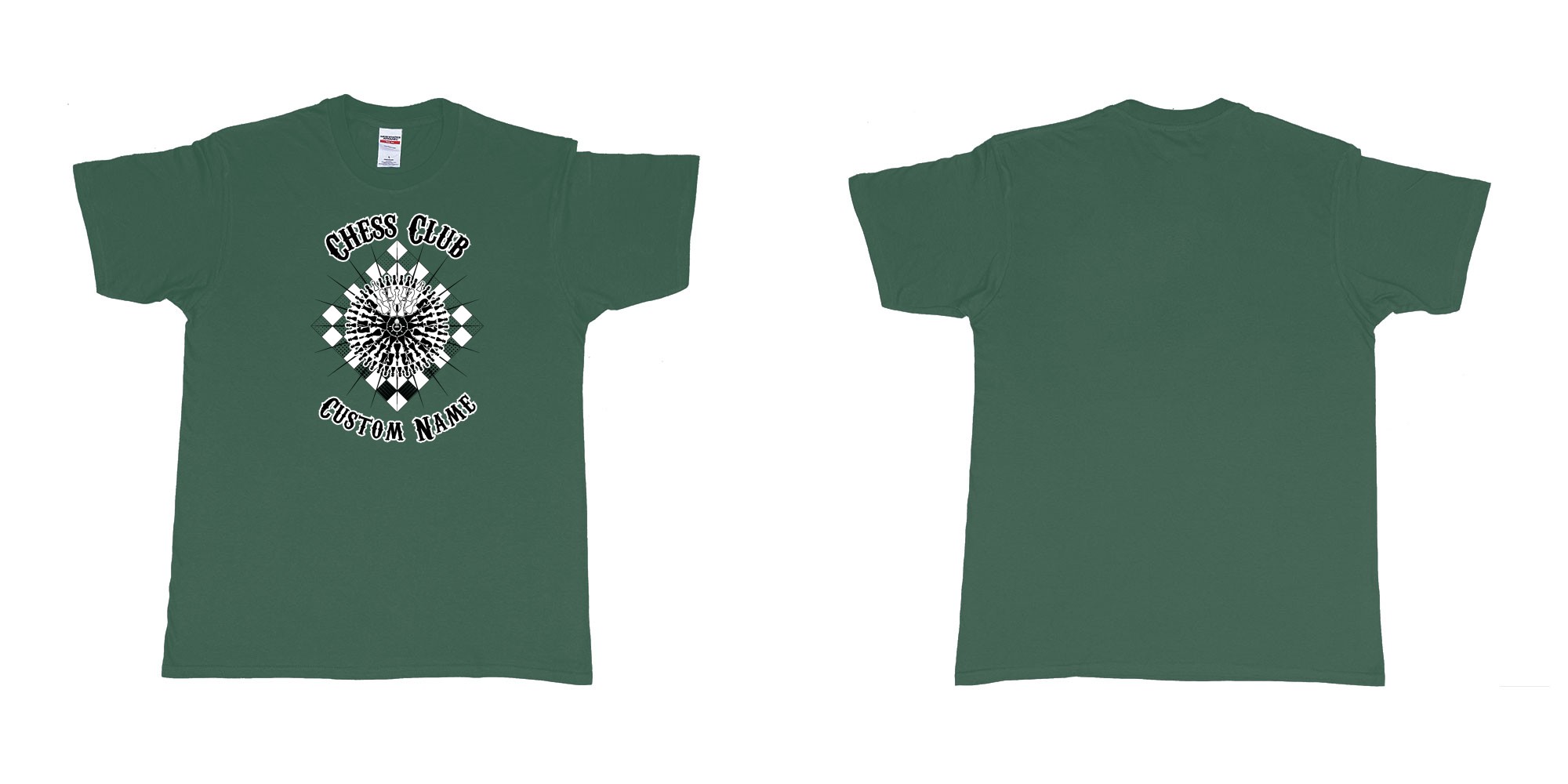 Custom tshirt design chess club mandala in fabric color forest-green choice your own text made in Bali by The Pirate Way