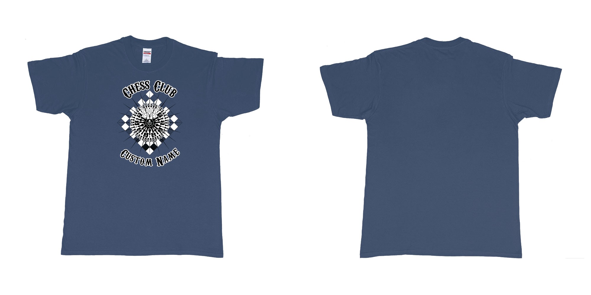 Custom tshirt design chess club mandala in fabric color navy choice your own text made in Bali by The Pirate Way