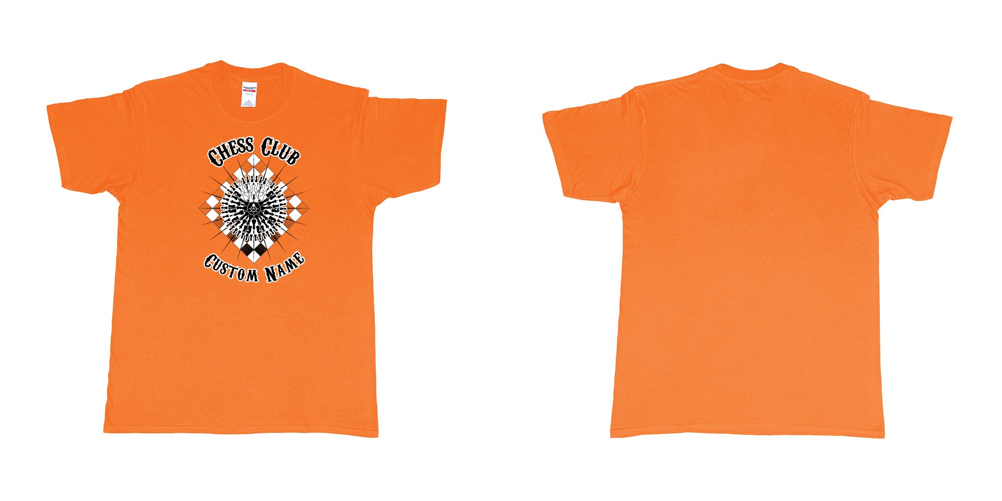 Custom tshirt design chess club mandala in fabric color orange choice your own text made in Bali by The Pirate Way