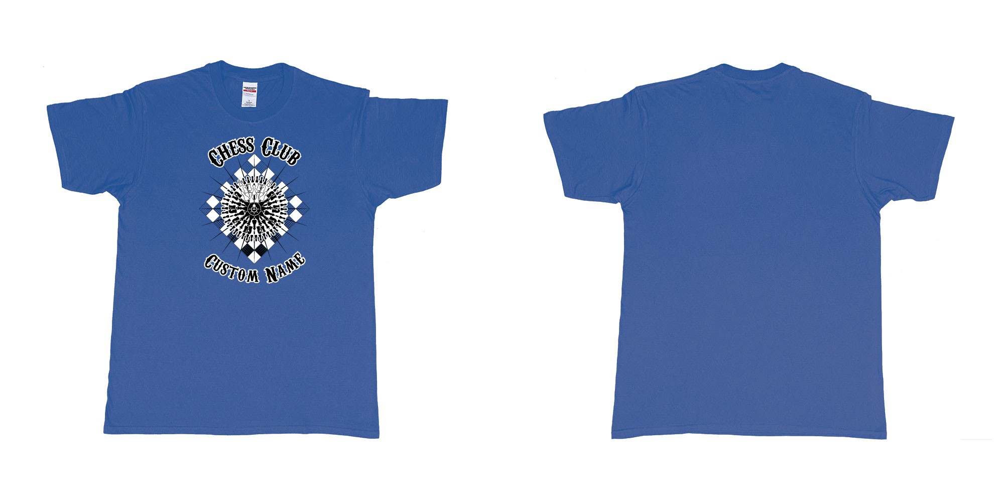 Custom tshirt design chess club mandala in fabric color royal-blue choice your own text made in Bali by The Pirate Way