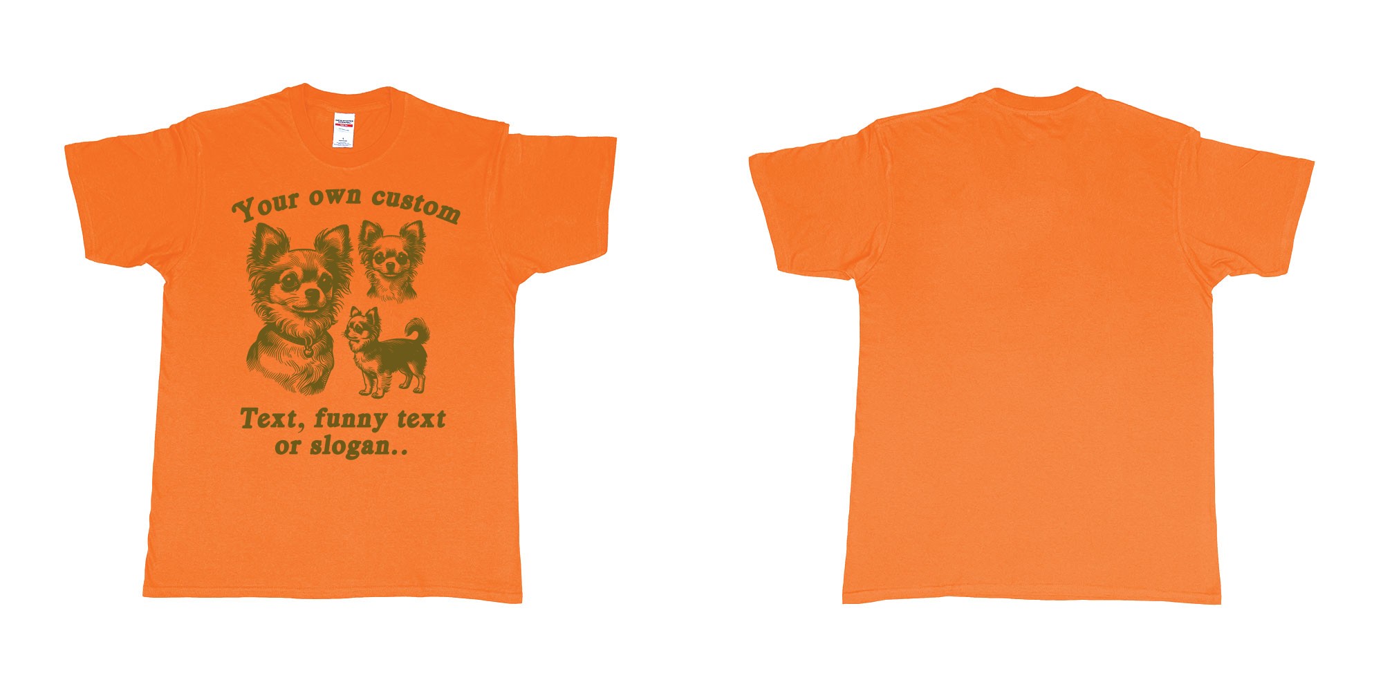 Custom tshirt design chiwawa dogs drawing custom own text printing in fabric color orange choice your own text made in Bali by The Pirate Way