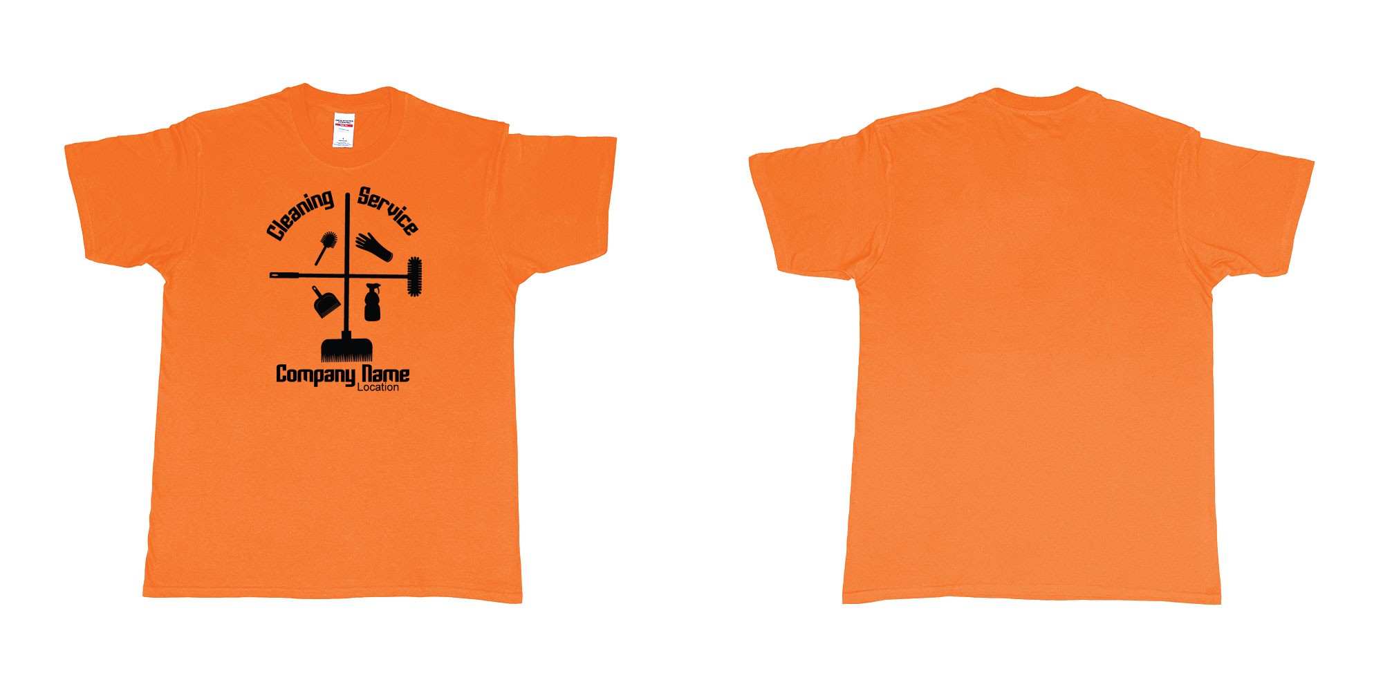 Custom tshirt design cleaning service own company name and location custom printing teeshirt bali design in fabric color orange choice your own text made in Bali by The Pirate Way