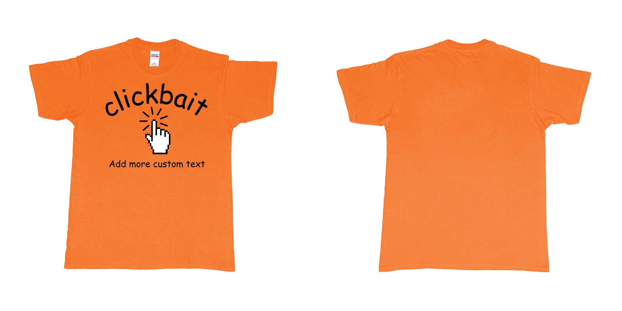 Custom tshirt design clickbait mouse click custom text tshirt printing in fabric color orange choice your own text made in Bali by The Pirate Way