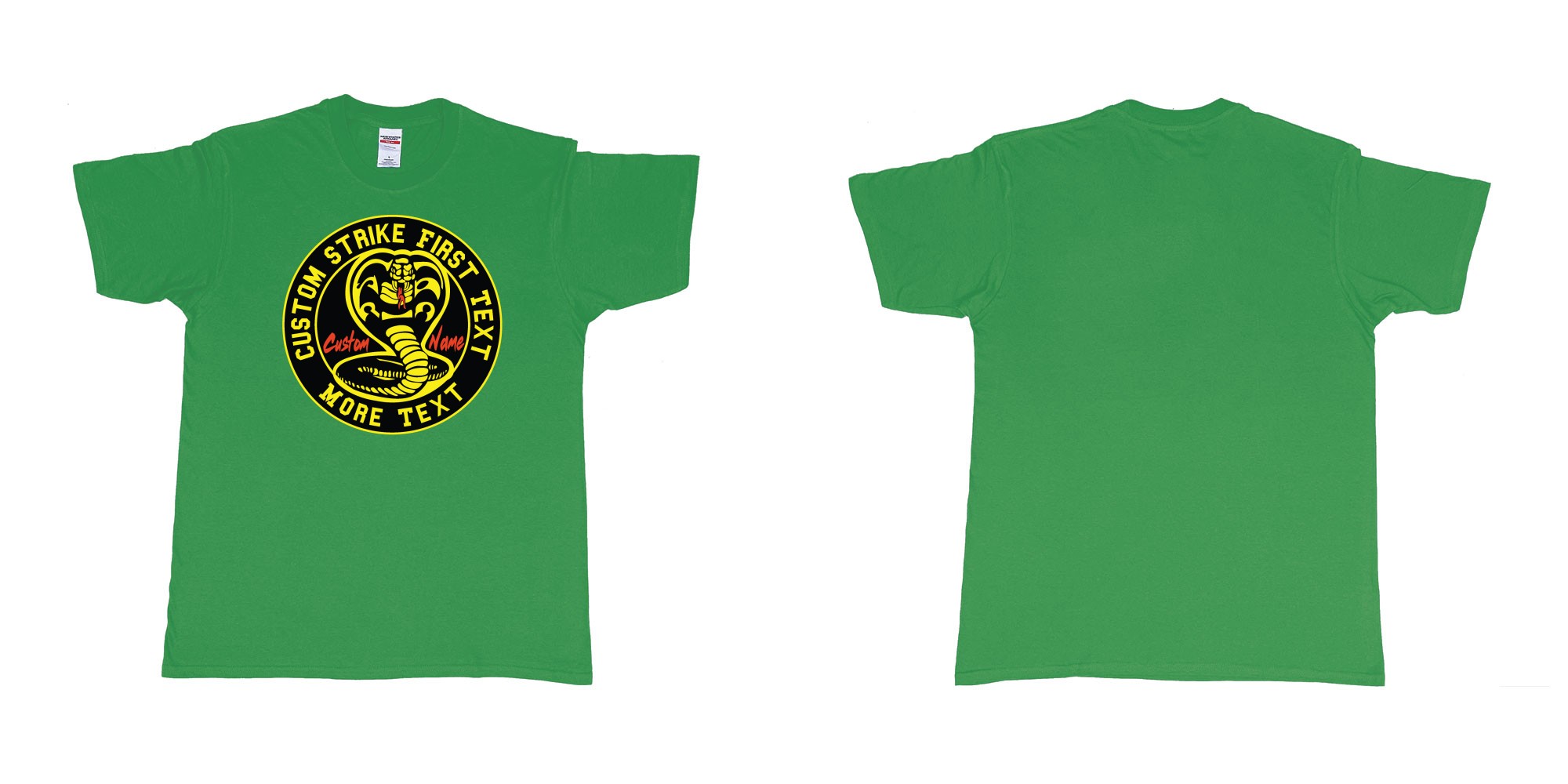 Custom tshirt design cobra kai karatekid custom logo in fabric color irish-green choice your own text made in Bali by The Pirate Way